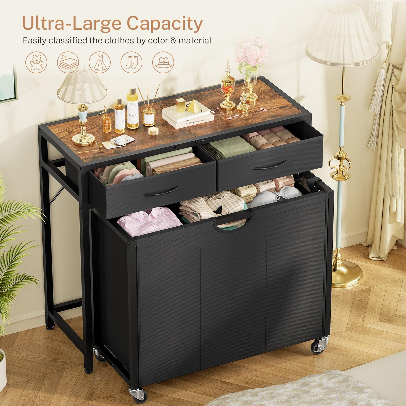 Laundry Sorter  Rolling Laundry Hamper With 3 Section Pull-Out Bags  Laundry Basket Organizer With 2 Drawers & 2-Tone Top Panel  Laundry Hamper With Wheels For Laundry Room Organization  Bathroom