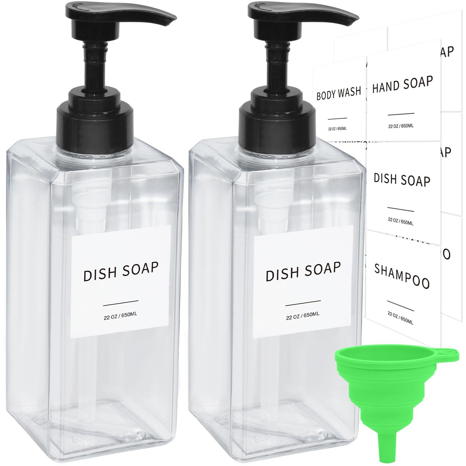 Clear Soap Dispenser With Waterproof Labels  Thickened Plastic Hand Soap Dispenser For Bathroom  Kitchen Dish Washing Liquid Bottles  Shampoo And Conditioner Bottles With Funnel (22Oz 2Pack Clear)