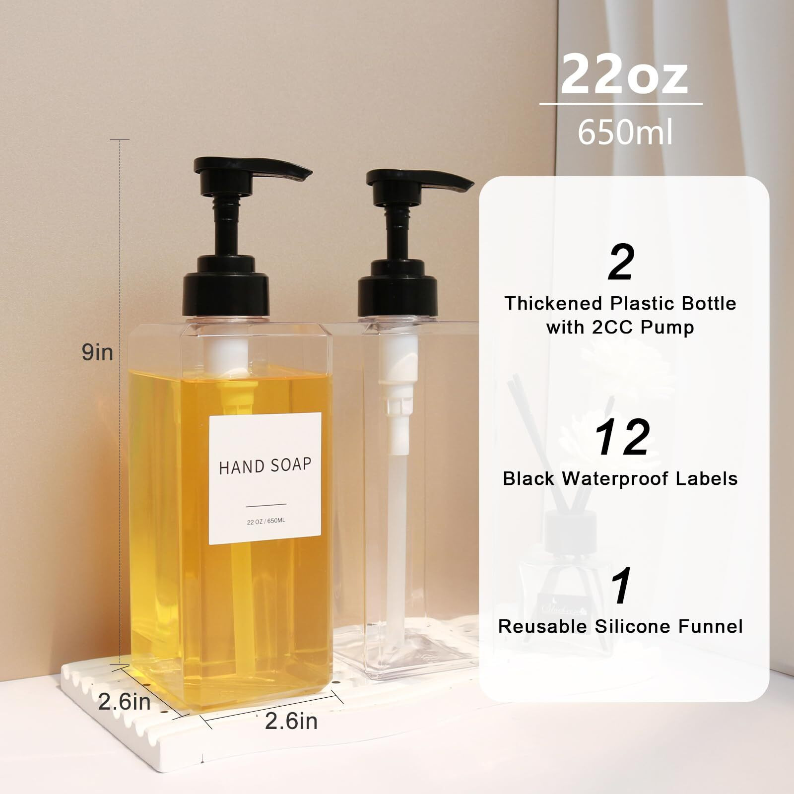 Clear Soap Dispenser With Waterproof Labels  Thickened Plastic Hand Soap Dispenser For Bathroom  Kitchen Dish Washing Liquid Bottles  Shampoo And Conditioner Bottles With Funnel (22Oz 2Pack Clear)