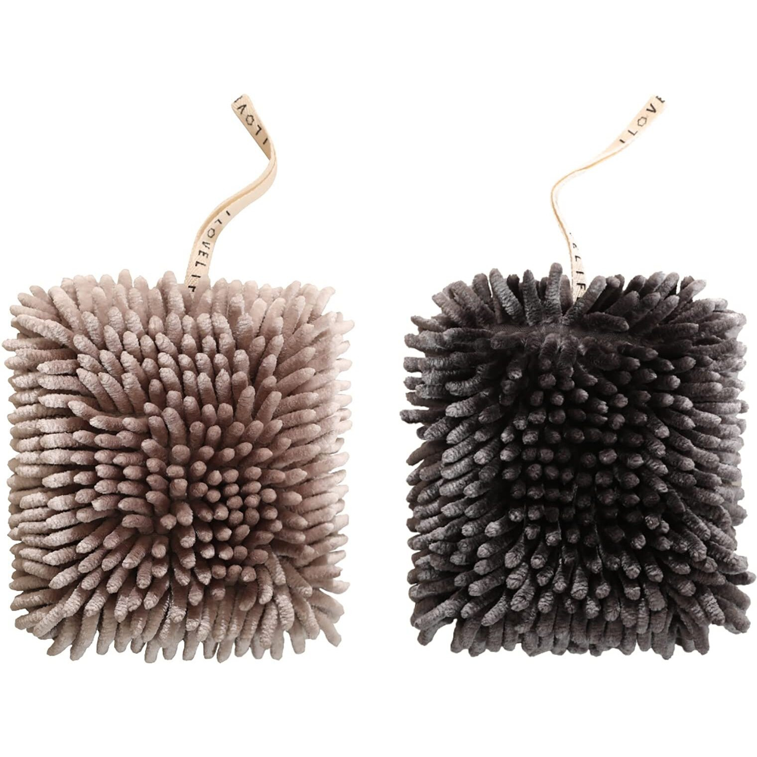2 Pack Chenille Hanging Hand Towel Balls Super Absorbent Microfiber Hand Towels Chenille Ball Soft Plush Quick-Drying Hand Towels With Hanging Loops For Bathroom Kitchen (Brown+Grey)