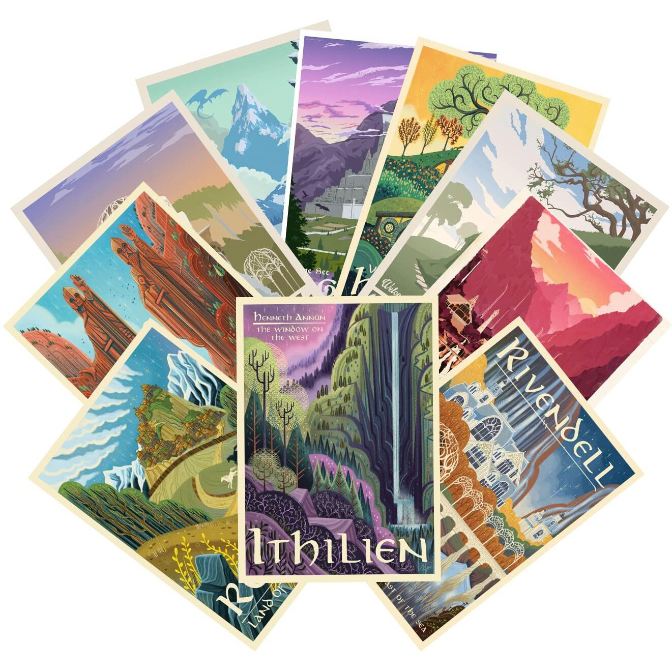 Liaumo 12Pcs Travel Middle Earth Landscape Posters  Nordic Painting Wall Art Collage Kit  Home Bar Office Decal Birthday Holiday Gifts Unframed Paper 11.2X16.5Inch