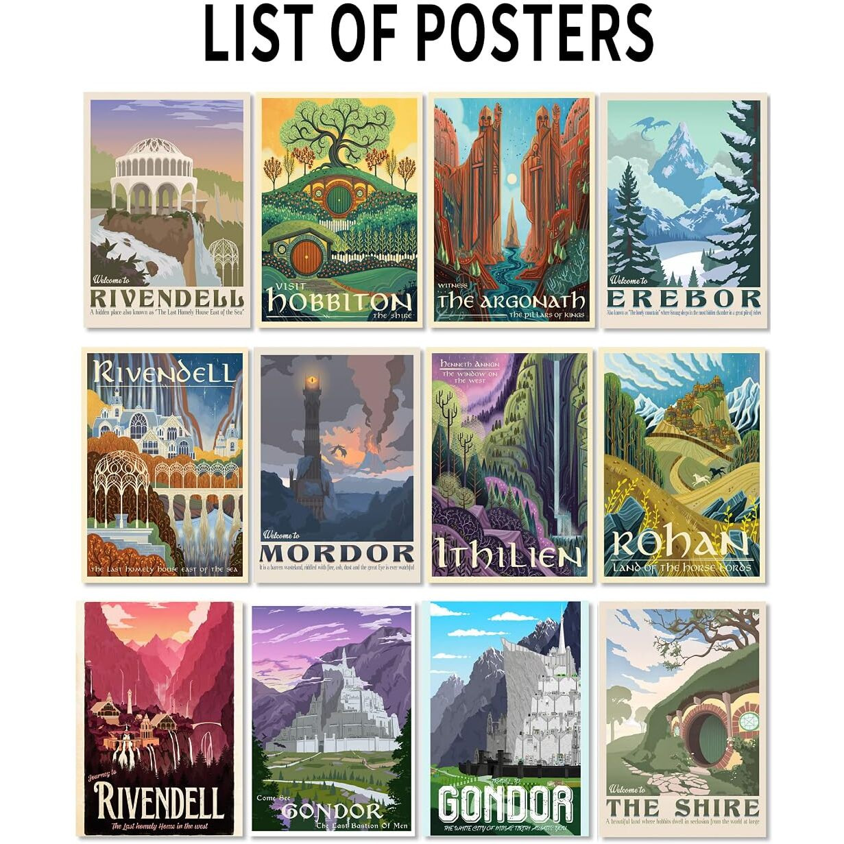 Liaumo 12Pcs Travel Middle Earth Landscape Posters  Nordic Painting Wall Art Collage Kit  Home Bar Office Decal Birthday Holiday Gifts Unframed Paper 11.2X16.5Inch