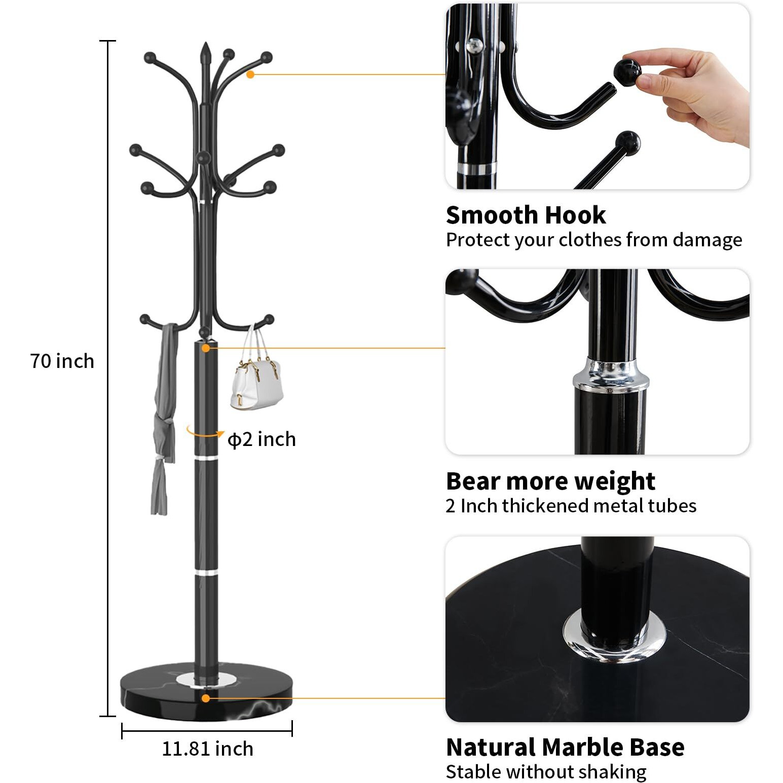 Snaikor Metal Coat Rack Freestanding  Sturdy Coat Rack Stand With Natural Marble Base  Coat Racks Tree Hats Hanger Holder Stand For Entryway  Hallway(12 Hooks)