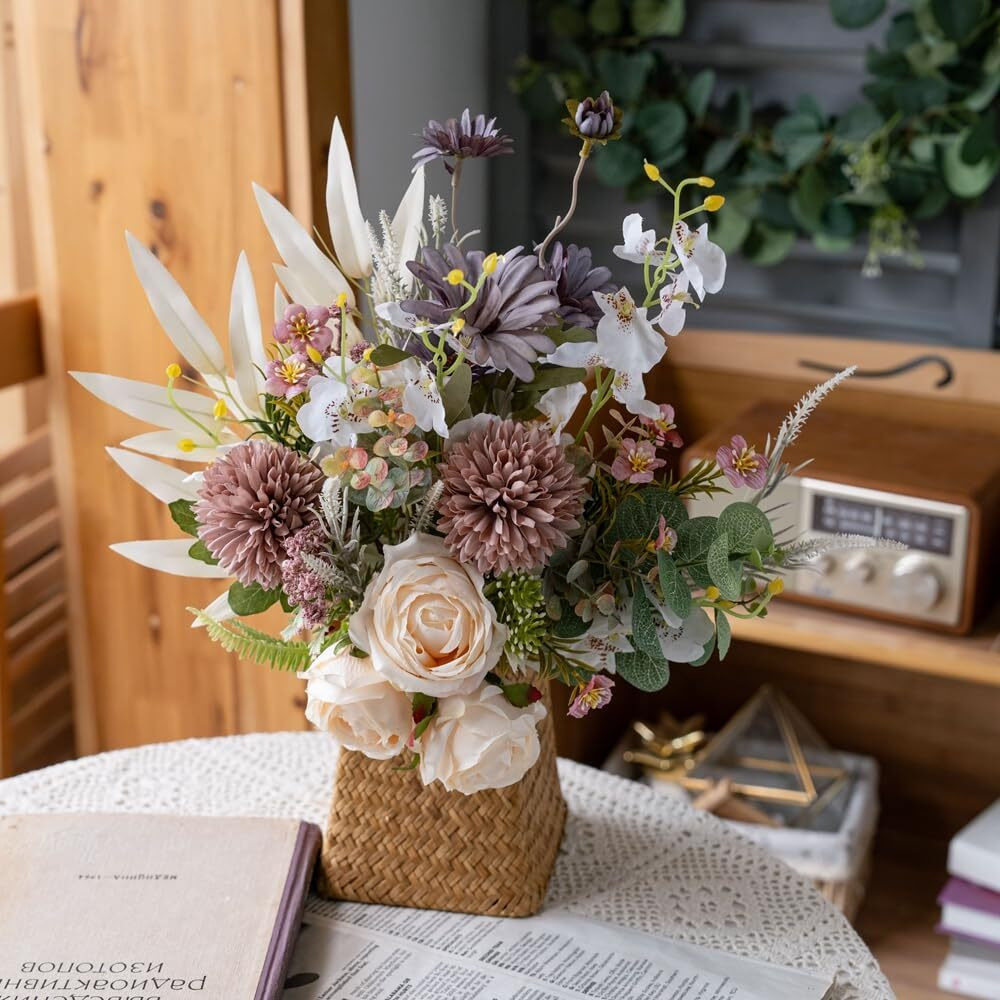 Peauley Artificial Fake Flowers Silk Table Arrangements Faux Plastic Floral Centerpieces For Home Kitchen With Roses  Dandelions  Chrysanthemum  Phalaenopsis  Eucalyptus  Sages  Orchids