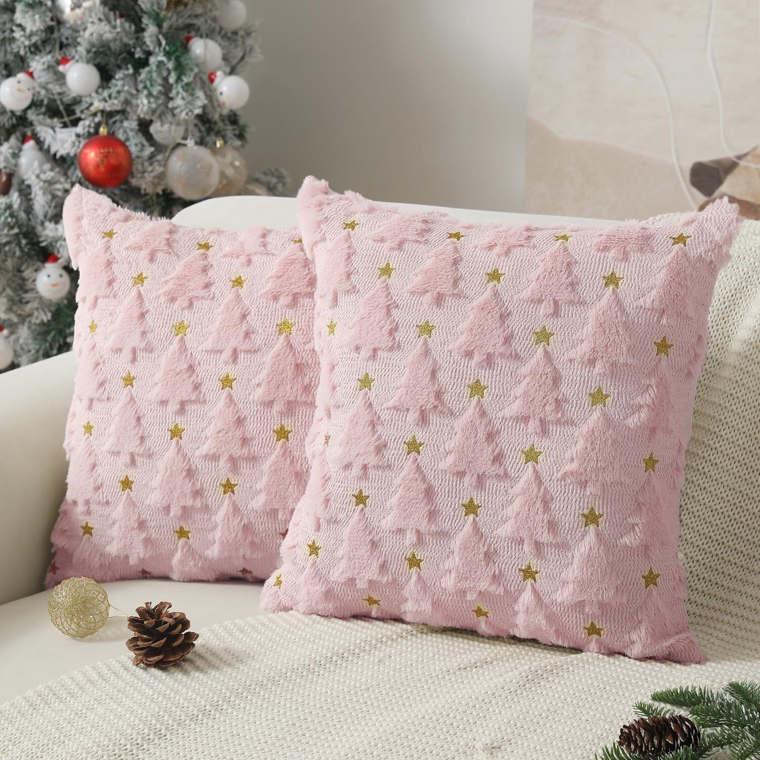 Allorry Christmas Pillow Covers 16 X 16 Inch Set Of 2 Pink Christmas Tree Pillow Covers Decorations Plush Faux Fur Soft Cushion Case For Winter Xmas Holiday Home Bedroom Sofa Decors Pt004-E16