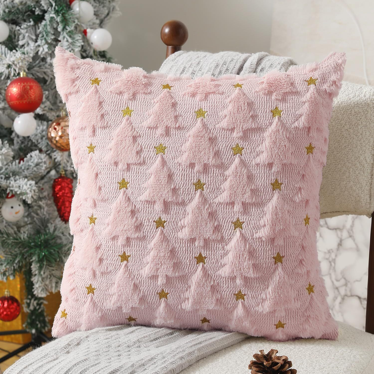 Allorry Christmas Pillow Covers 16 X 16 Inch Set Of 2 Pink Christmas Tree Pillow Covers Decorations Plush Faux Fur Soft Cushion Case For Winter Xmas Holiday Home Bedroom Sofa Decors Pt004-E16