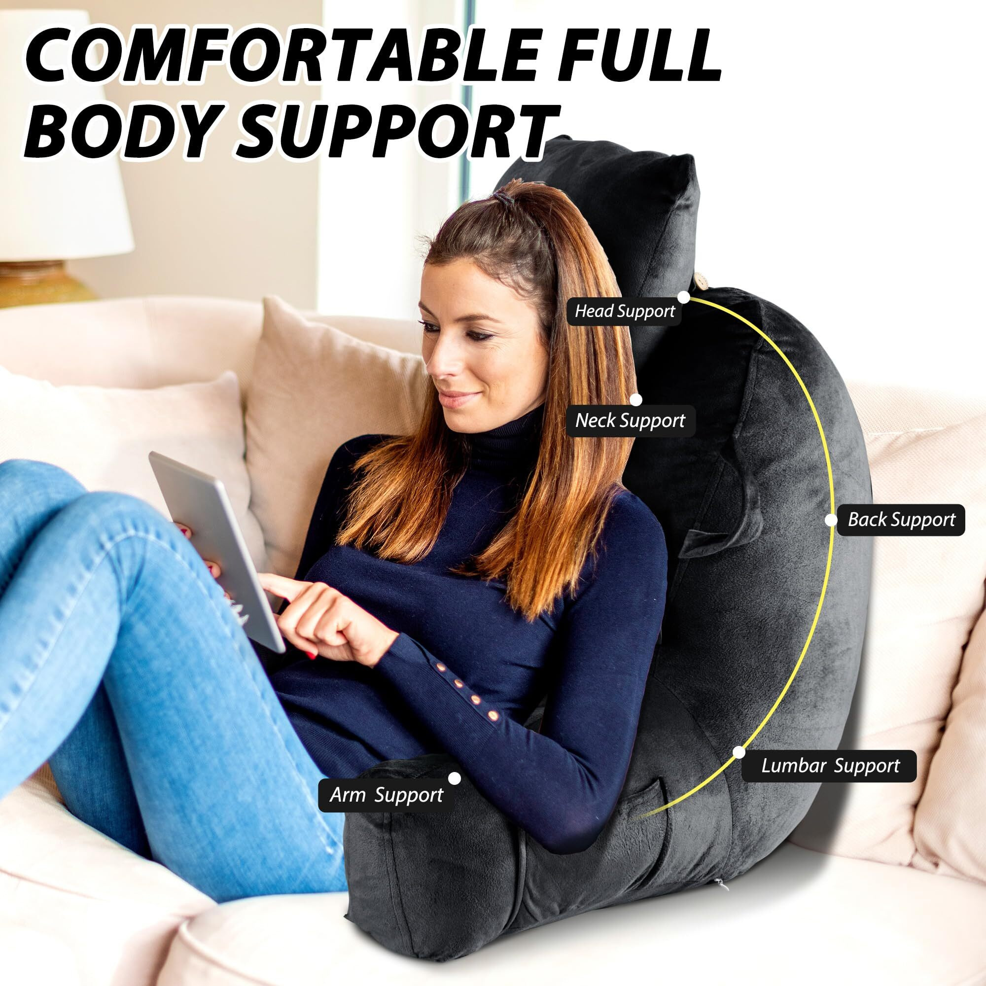 Unisakey Reading Pillows For Sitting In Bed Adult  Back Support Pillow For Bed Sitting Up  Bed Rest Pillow With Arms & Pillow & 3Pockets & Removable Washable Cover  Black