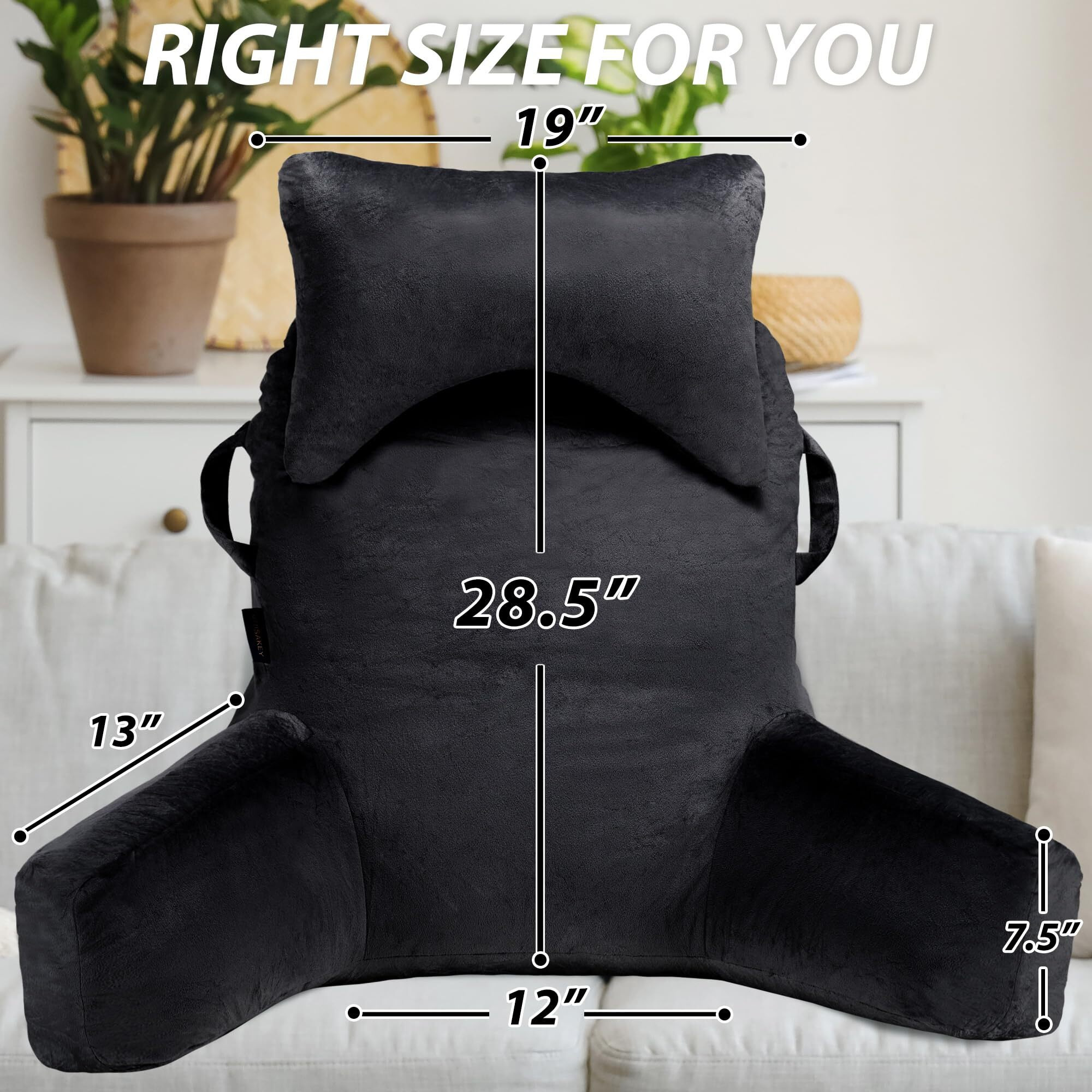 Unisakey Reading Pillows For Sitting In Bed Adult  Back Support Pillow For Bed Sitting Up  Bed Rest Pillow With Arms & Pillow & 3Pockets & Removable Washable Cover  Black