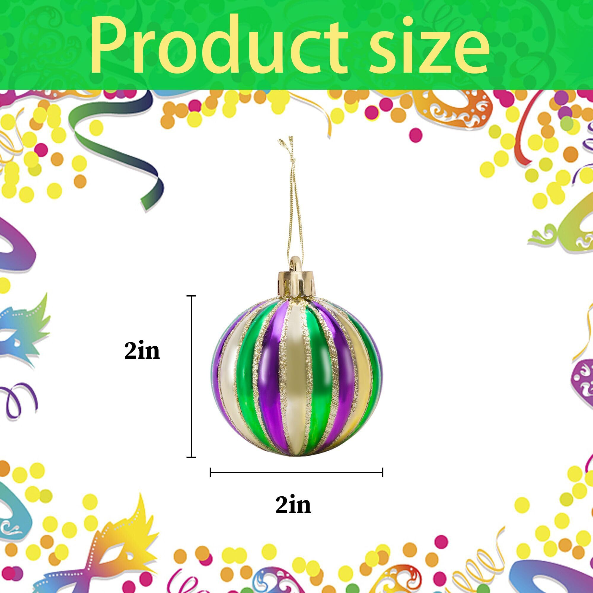 Watayo 12 Pcs Mardi Gras Ball Ornaments- 2 Inch Mardi Gras Shatterproof Hanging Ornaments For Mardi Gras Holiday Christmas Ornaments New Orleans Party (Vertical Striped)