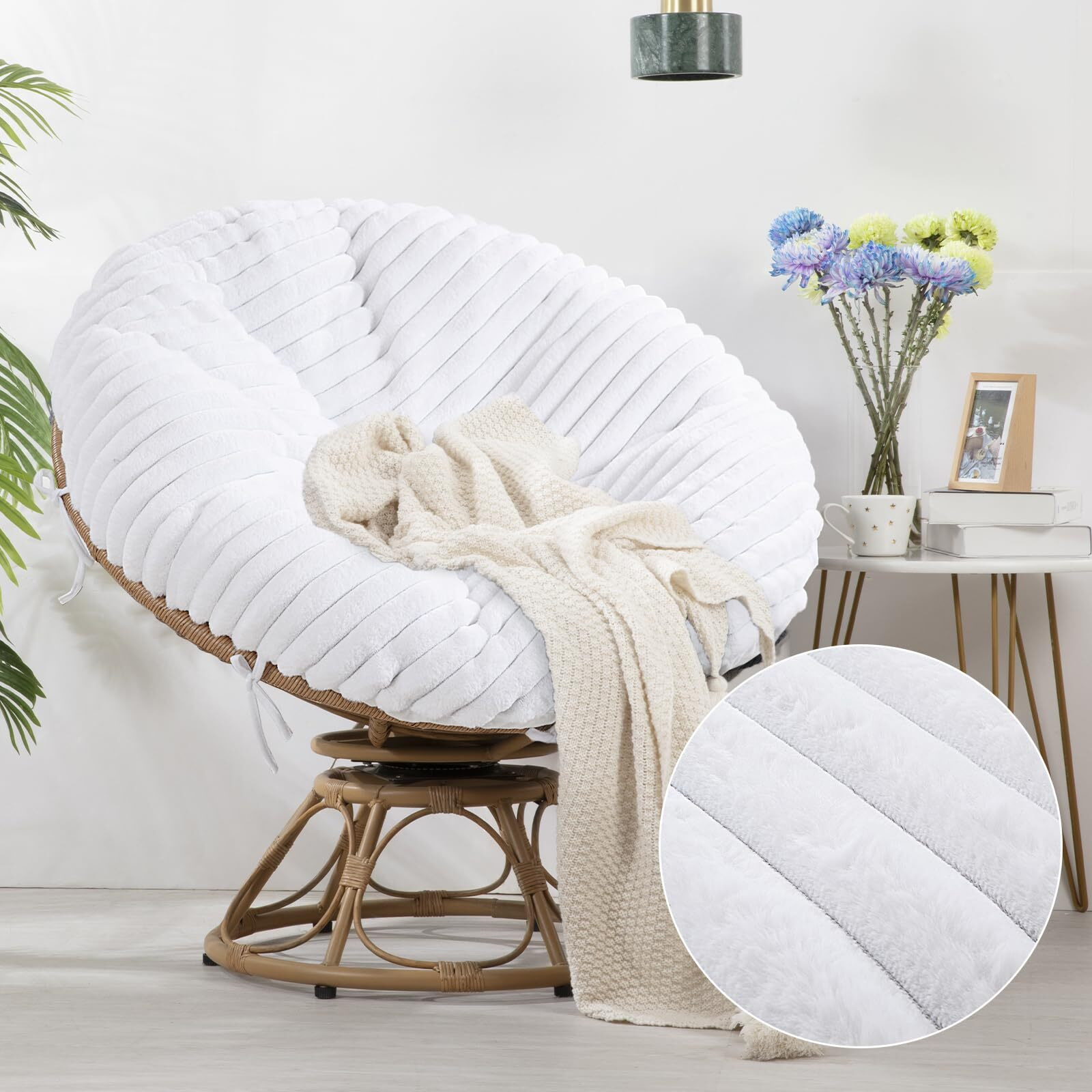 Hombys Fluffy Shaggy Cover For Papasan Chair Cushion  Plush Faux Fur Slipcover Only  (Without Cushion) Removable Soft Papasan Cushion Covers With 8 Ties  (White  50"&quotX50"")