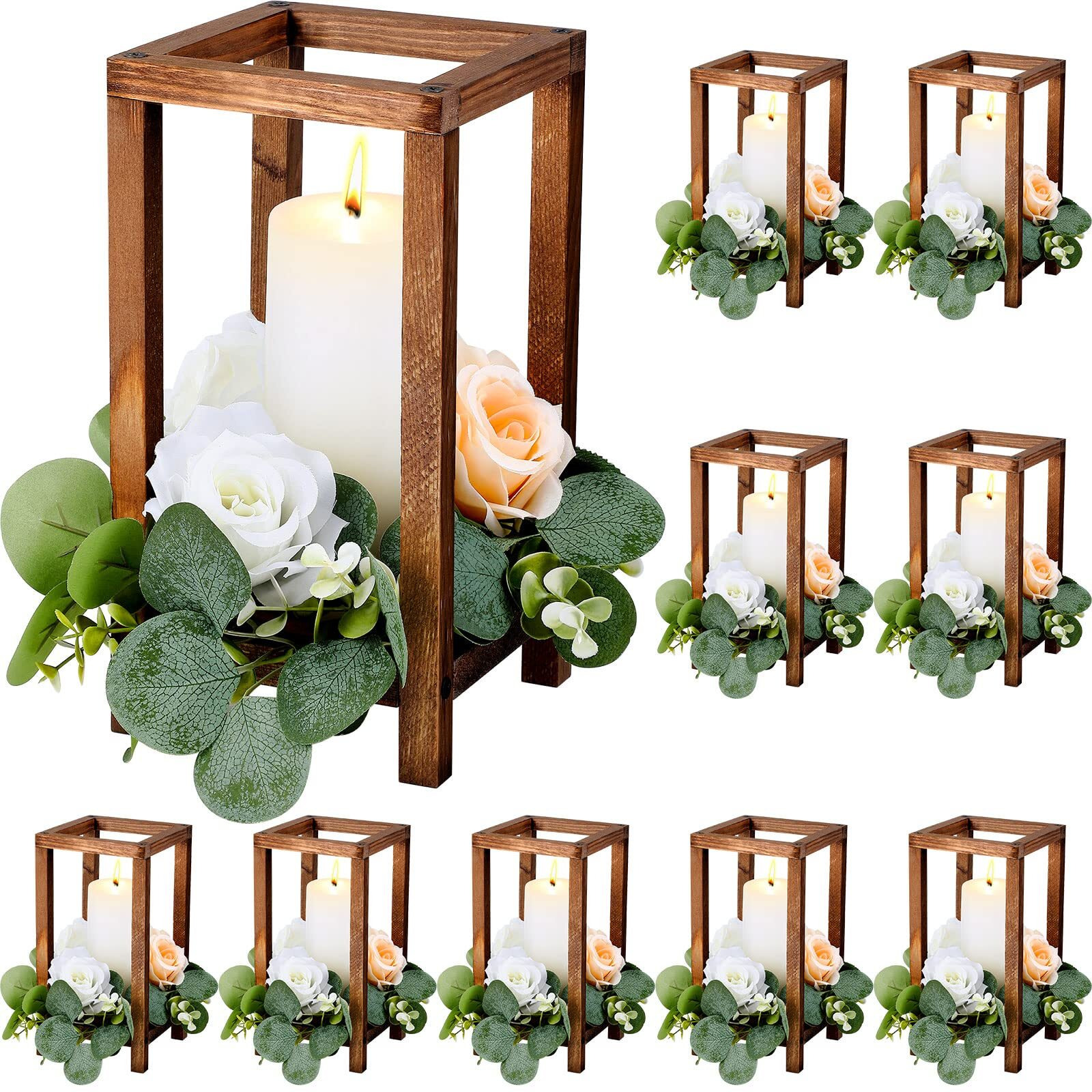 Geelin 10 Pcs Wooden Candle Lantern Wedding Lantern Centerpiece Lantern Candle Holder For Table Fireplace Lantern Decorative Farmhouse Wedding Lantern For Baby Shower(10.59 Inch Brown)