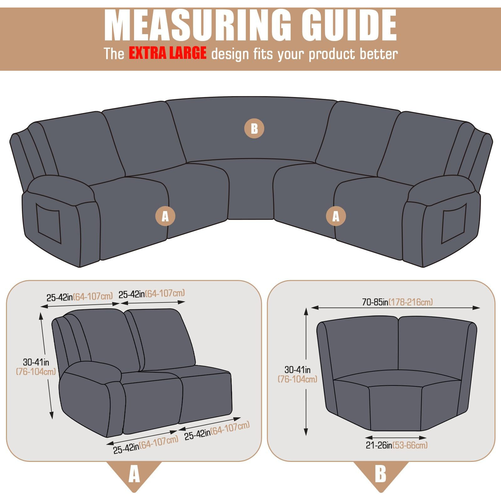 Vansofy Extra Large Reclining Sectional Couch Covers  Washable 5-Piece Sofa Covers For L Shape Sectional Sofa Corner Seater  Thick  Soft Sofa Slipcovers (5 Seat Recliner Cover Charcoal Gray)