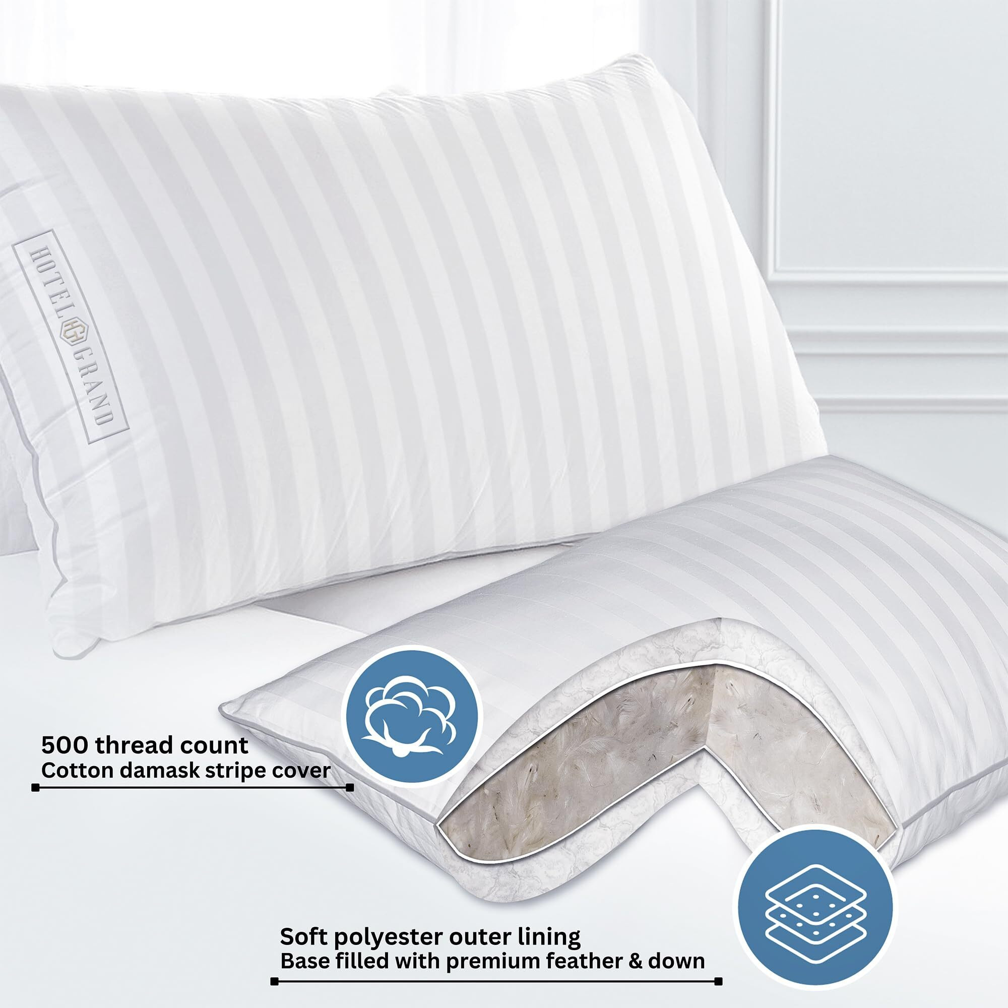 Hotel Grand Fluffy Feather Down Pillow 100% Cotton Queen Size Pillow Set Of 2 Pack Medium Firm Hypoallergenic Pillows For Back/Side Sleeper Bed Pillows 20"&quotX28""(Pack Of 2)