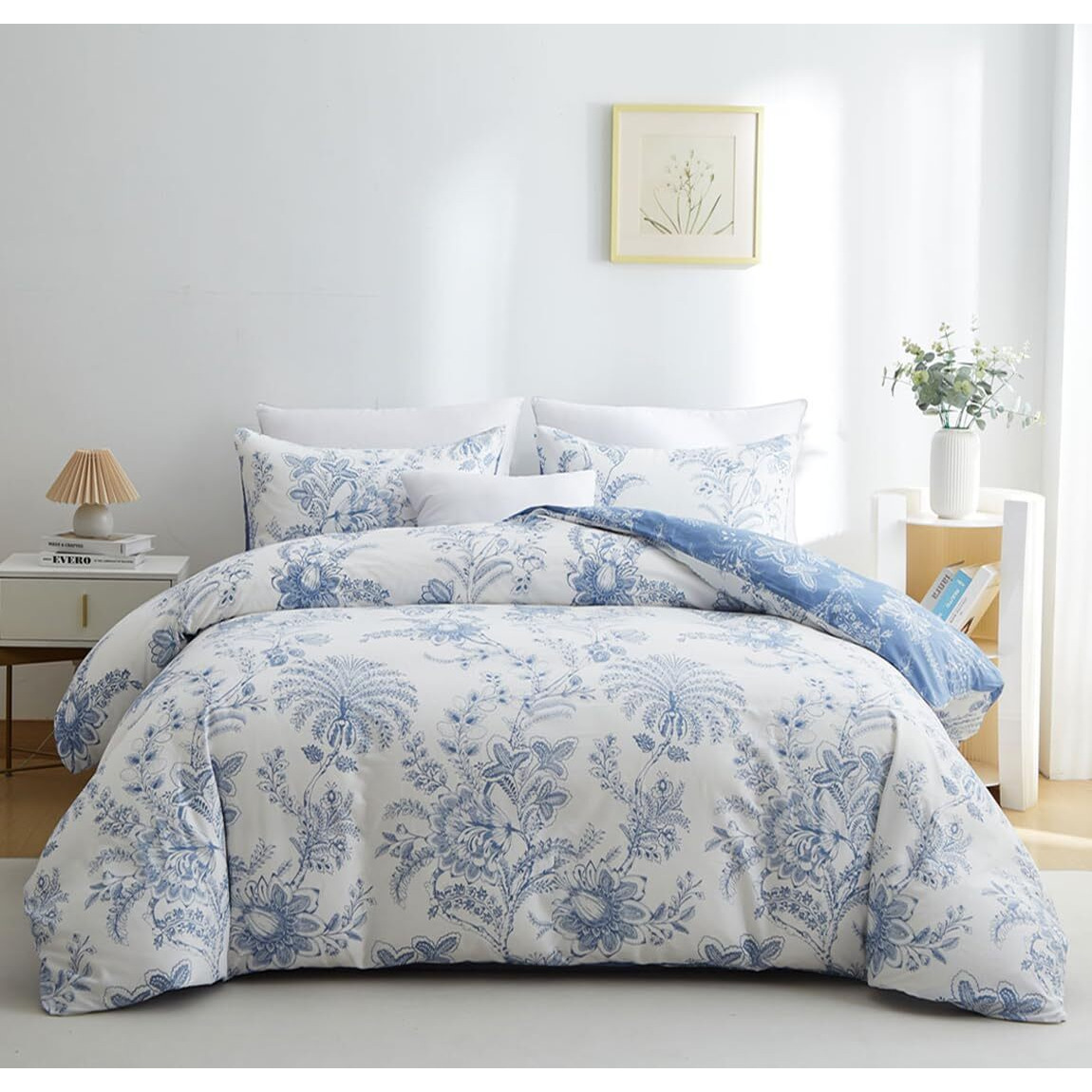Nayoroom Floral Duvet Cover Set Queen Size Cottagecore White Blue Flower Leaf Comforter Cover 3Pcs Soft Breathable Microfiber Pastoral Garden Aesthetic Bedding Set With Zipper Closure