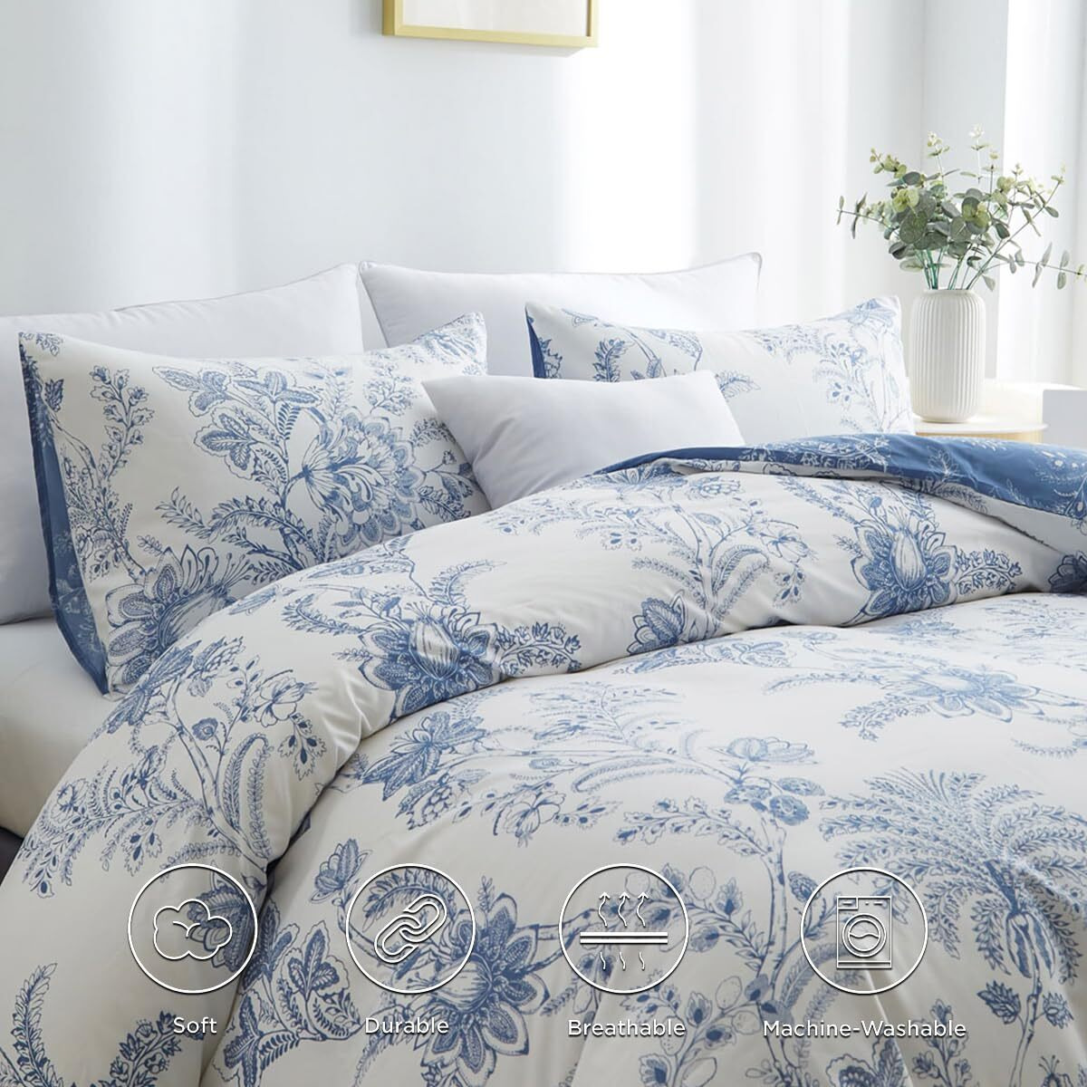 Nayoroom Floral Duvet Cover Set Queen Size Cottagecore White Blue Flower Leaf Comforter Cover 3Pcs Soft Breathable Microfiber Pastoral Garden Aesthetic Bedding Set With Zipper Closure