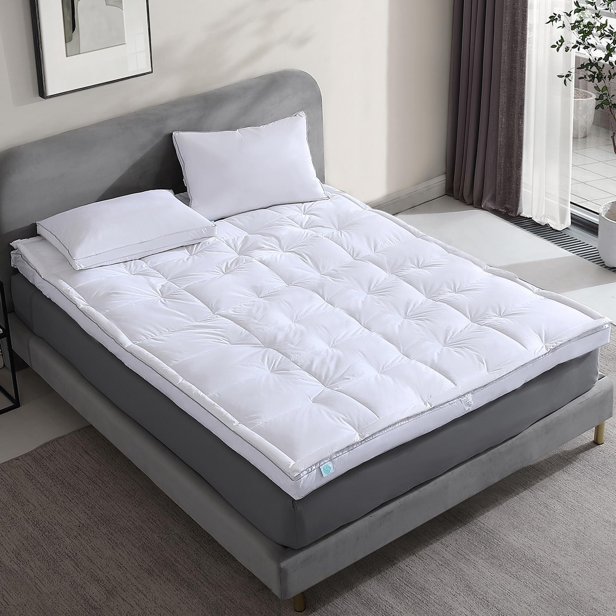 Martha Stewart Mattress Topper King Size - 3 Inch Feather Bed 100% Cotton Cover Fabric- All Seasons Fluffy White Mattress Pad Feather Topper Relieve Back Pain For Bedroom