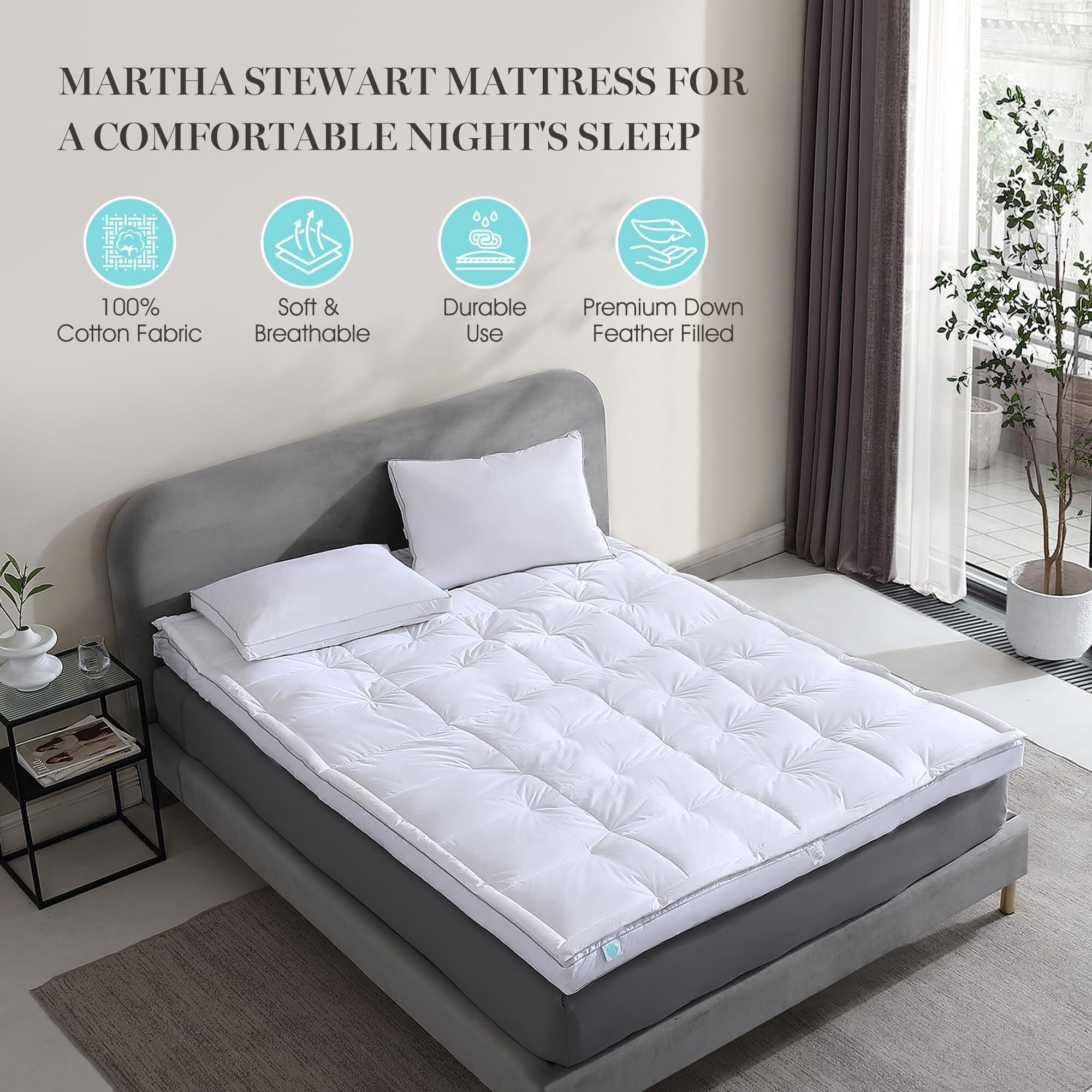 Martha Stewart Mattress Topper King Size - 3 Inch Feather Bed 100% Cotton Cover Fabric- All Seasons Fluffy White Mattress Pad Feather Topper Relieve Back Pain For Bedroom