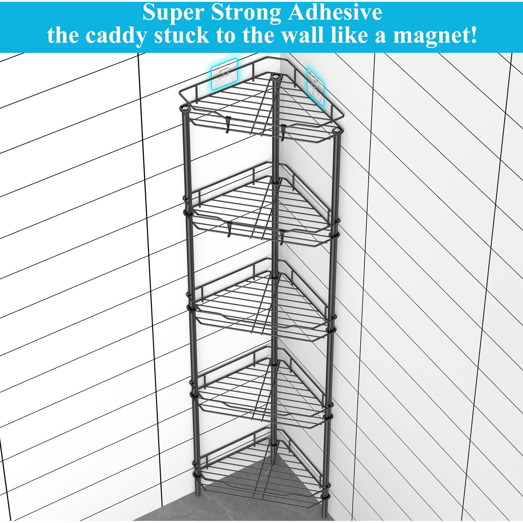 Huggiegems 5 Tier Floor Standing Corner Shower Caddy Organizer Shelf With Hooks  Bathroom Shelves Stand Rack  Black