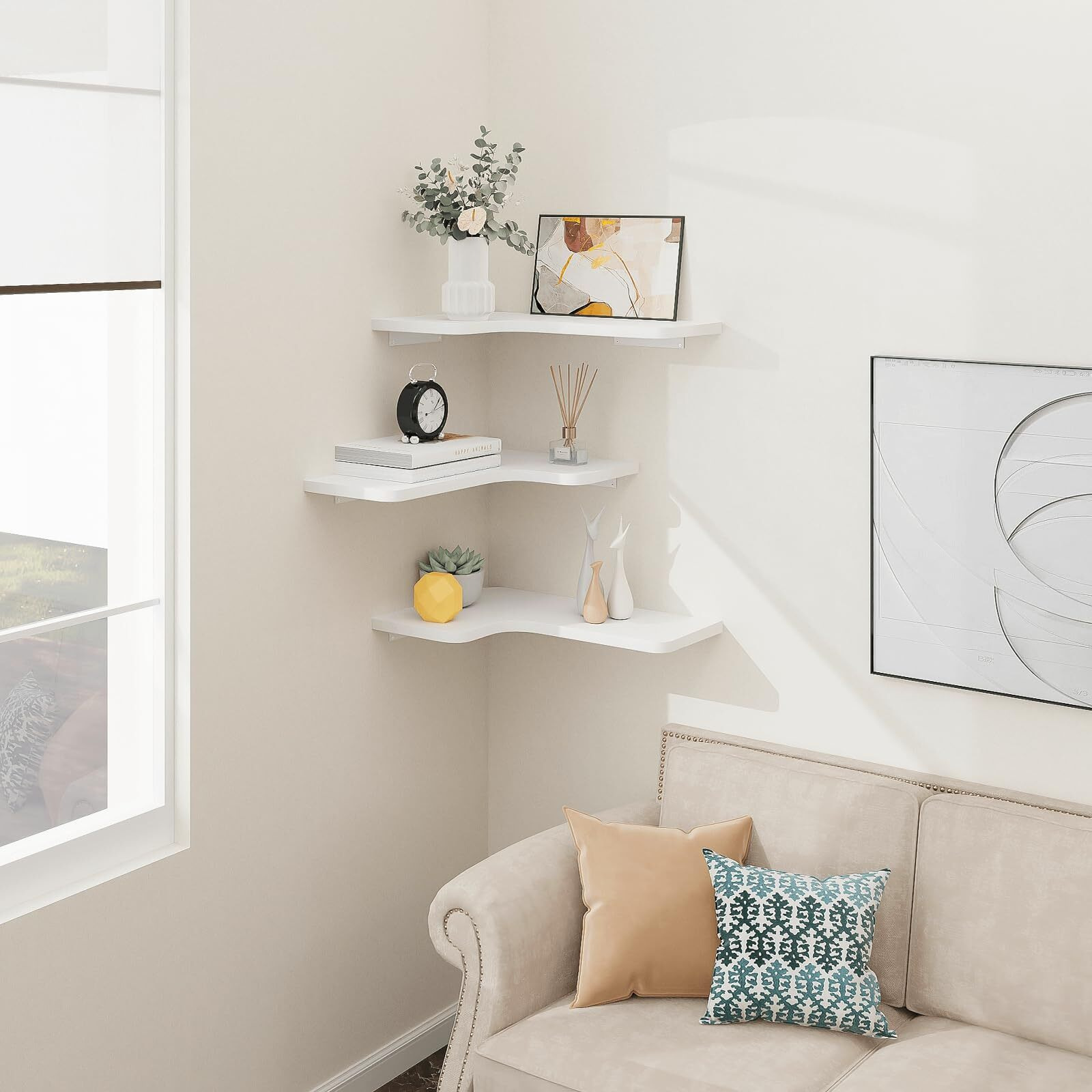 Homode Corner Floating Shelves  Set Of 3 Corner Wall Shelves With Wire Hole  L-Shaped Wood Hanging Storage Shelf For Wall Decor  For Bathroom Kitchen Bedroom  White