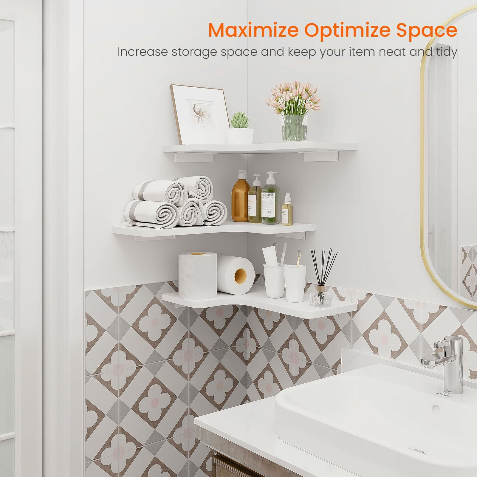 Homode Corner Floating Shelves  Set Of 3 Corner Wall Shelves With Wire Hole  L-Shaped Wood Hanging Storage Shelf For Wall Decor  For Bathroom Kitchen Bedroom  White