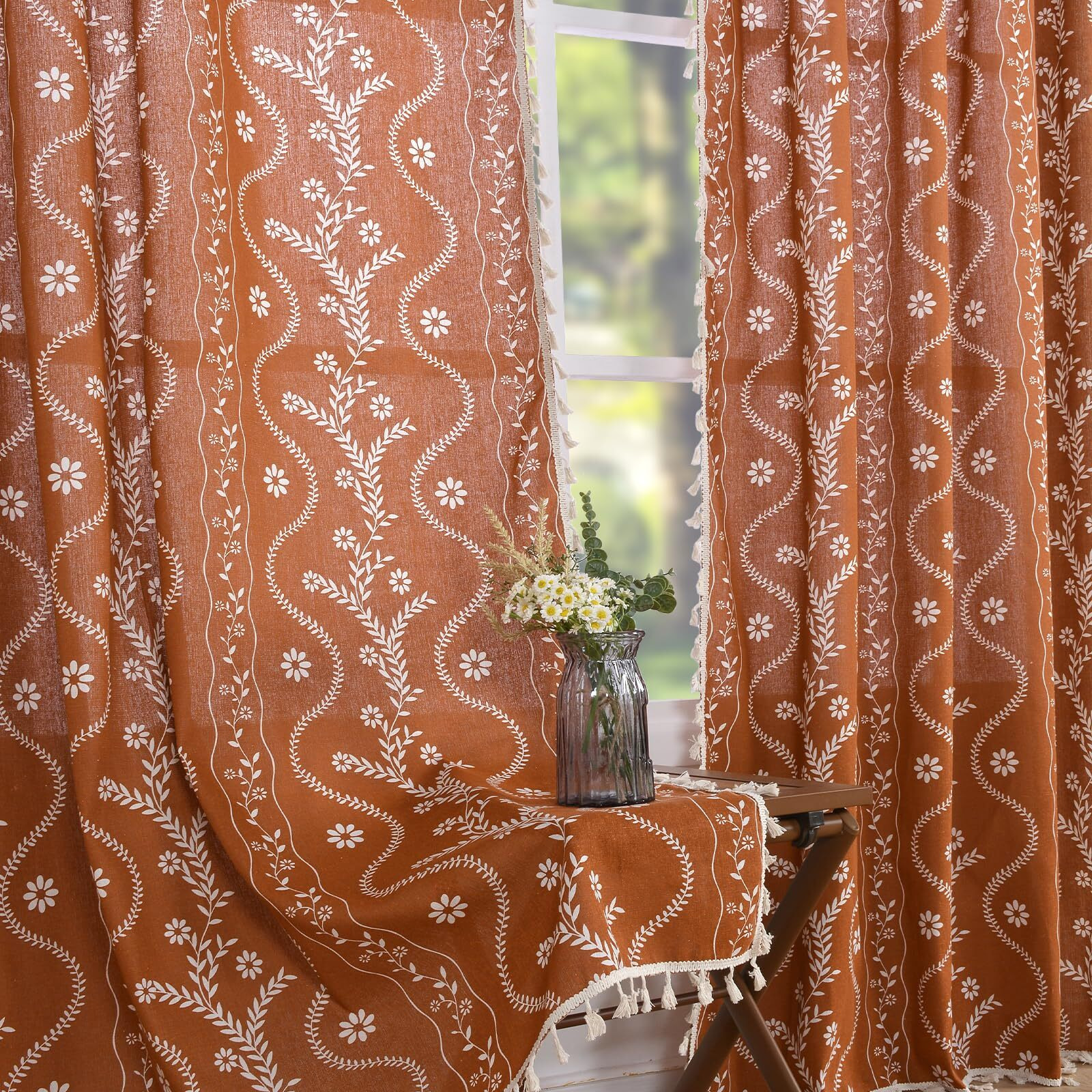 Terracotta Curtains 84 Inch Length Boho Farmhouse Curtains For Living Room 2 Panels  Linen Semi Sheer Vintage Farmhouse Printed Floral Curtains Burnt Orange Rustic Curtains Drapes