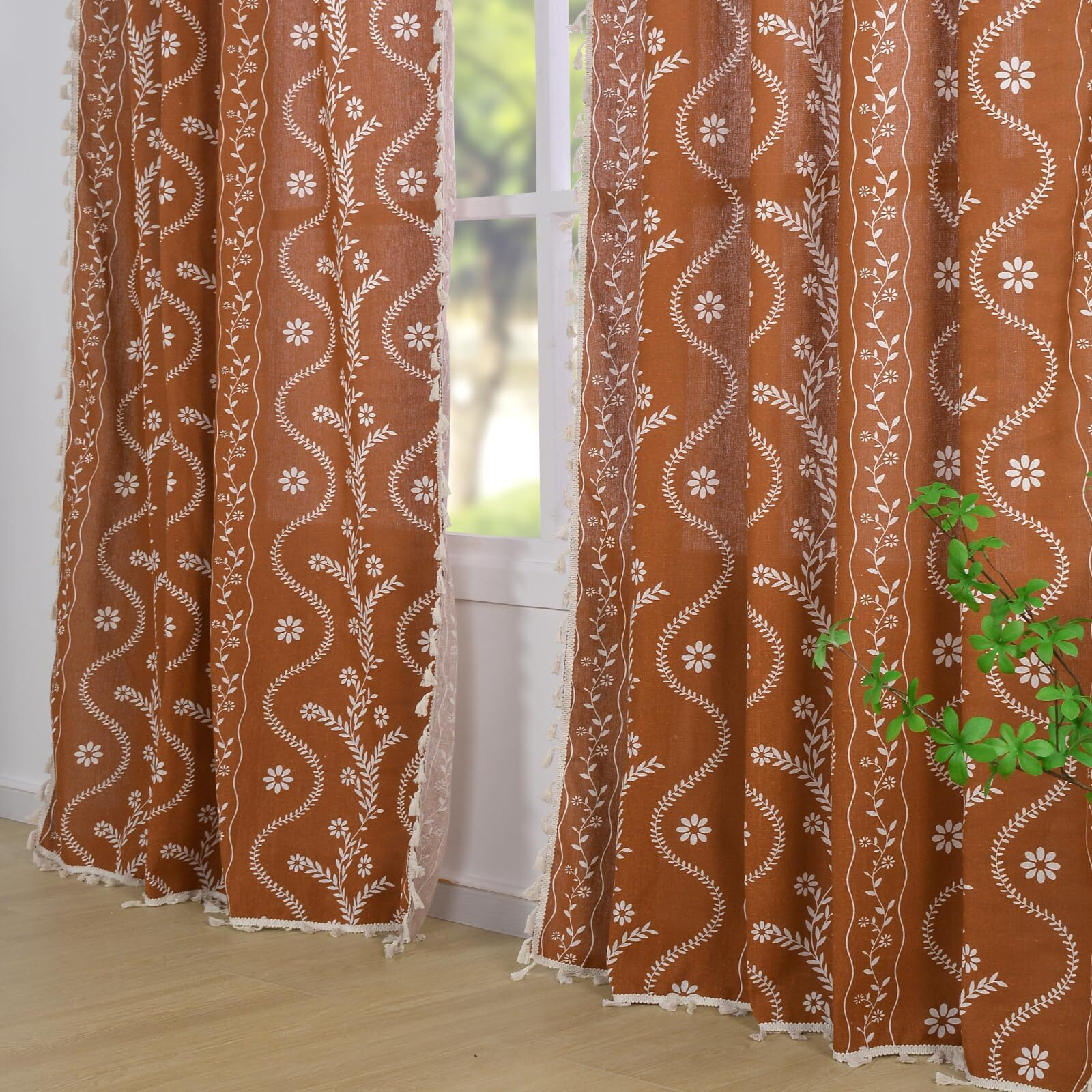 Terracotta Curtains 84 Inch Length Boho Farmhouse Curtains For Living Room 2 Panels  Linen Semi Sheer Vintage Farmhouse Printed Floral Curtains Burnt Orange Rustic Curtains Drapes