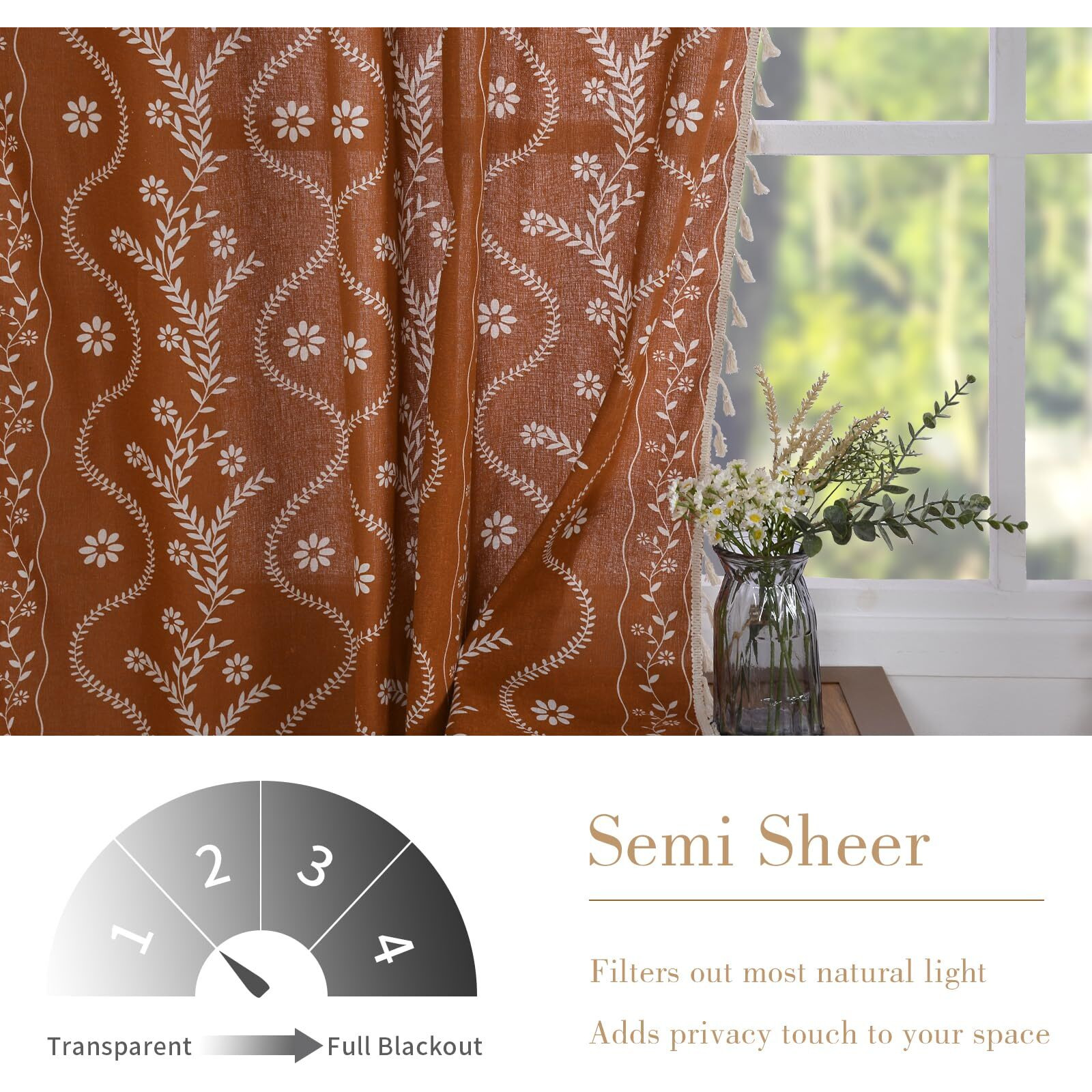 Terracotta Curtains 84 Inch Length Boho Farmhouse Curtains For Living Room 2 Panels  Linen Semi Sheer Vintage Farmhouse Printed Floral Curtains Burnt Orange Rustic Curtains Drapes