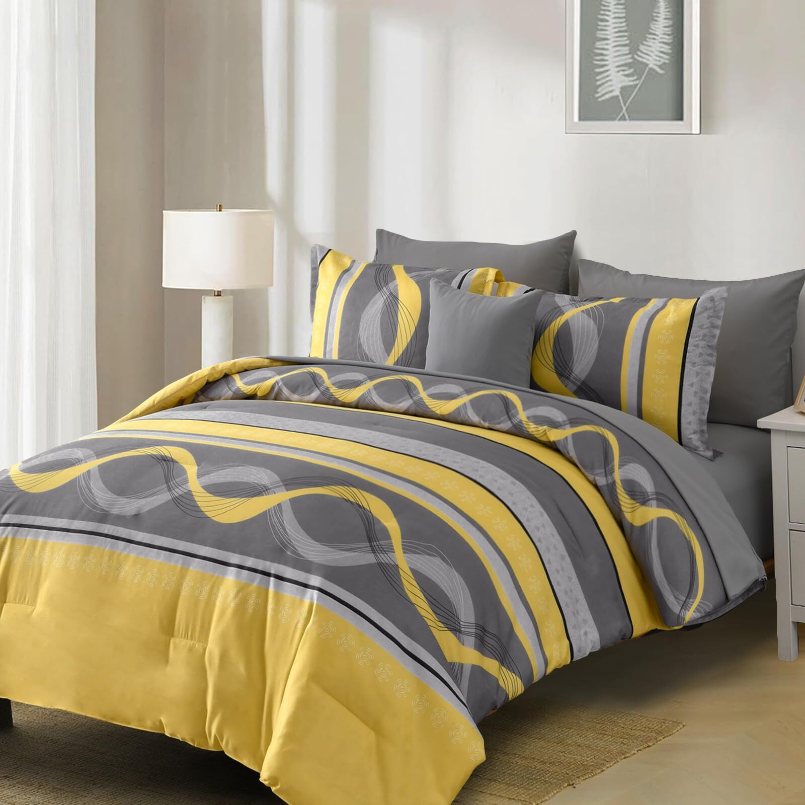 Yellow Comforter Set King Size 8 Pieces Bed In A Bag Patchwork Striped Bedding Sets Boho Soft Microfiber Bedding Set For All Season(104"&quot90"")