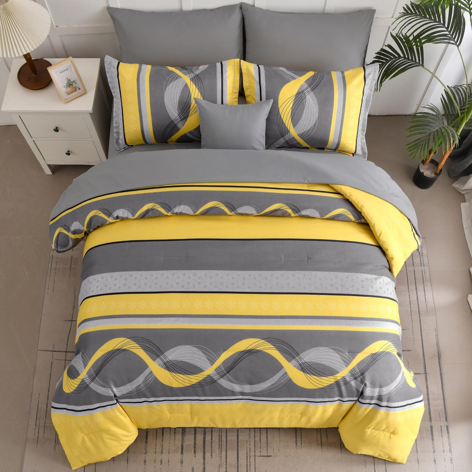 Yellow Comforter Set King Size 8 Pieces Bed In A Bag Patchwork Striped Bedding Sets Boho Soft Microfiber Bedding Set For All Season(104"&quot90"")