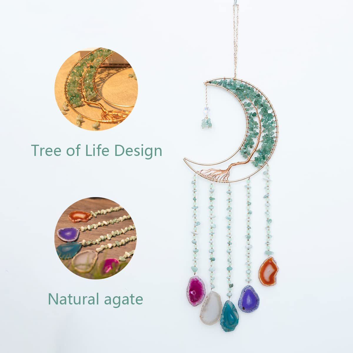 Green Agate Dream Catchers With Crystal Tree Of Life Gemstone Dream Catchers Natural Gem Agate Wall Hangings Room Dreamcatchers Decor (Green)