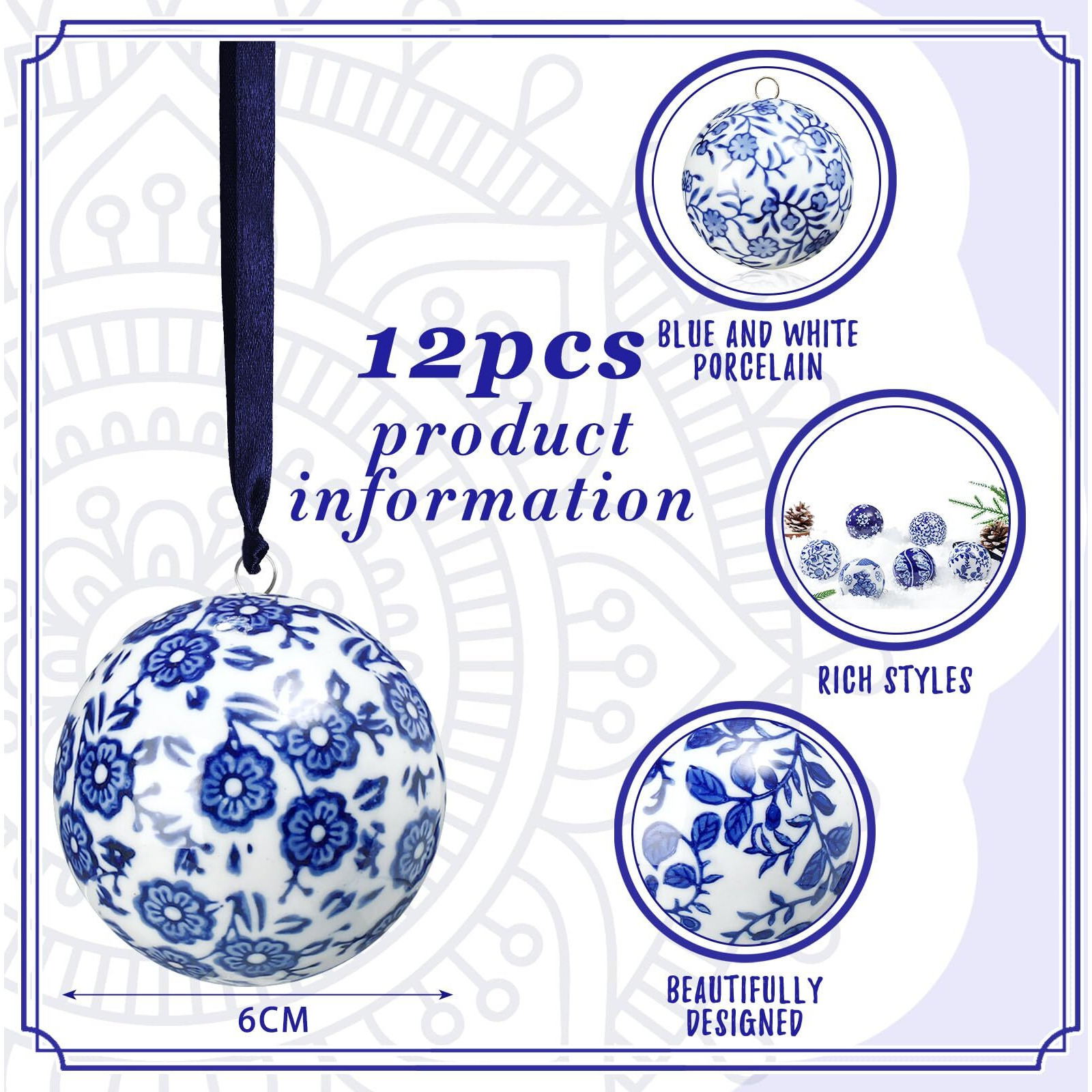 Cindeer 12 Pcs Christmas Porcelain Balls 2.4 Inch Blue And White Porcelain Chinoiserie Ornament Bulk Porcelain Hanging Decorative Ceramic Decor For Home Tree Xmas Party (Groovy Style)