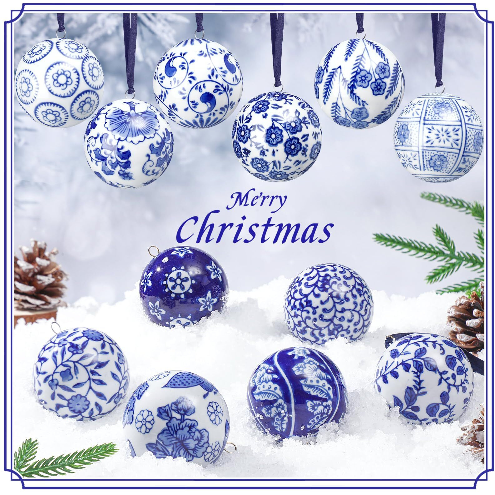 Cindeer 12 Pcs Christmas Porcelain Balls 2.4 Inch Blue And White Porcelain Chinoiserie Ornament Bulk Porcelain Hanging Decorative Ceramic Decor For Home Tree Xmas Party (Groovy Style)