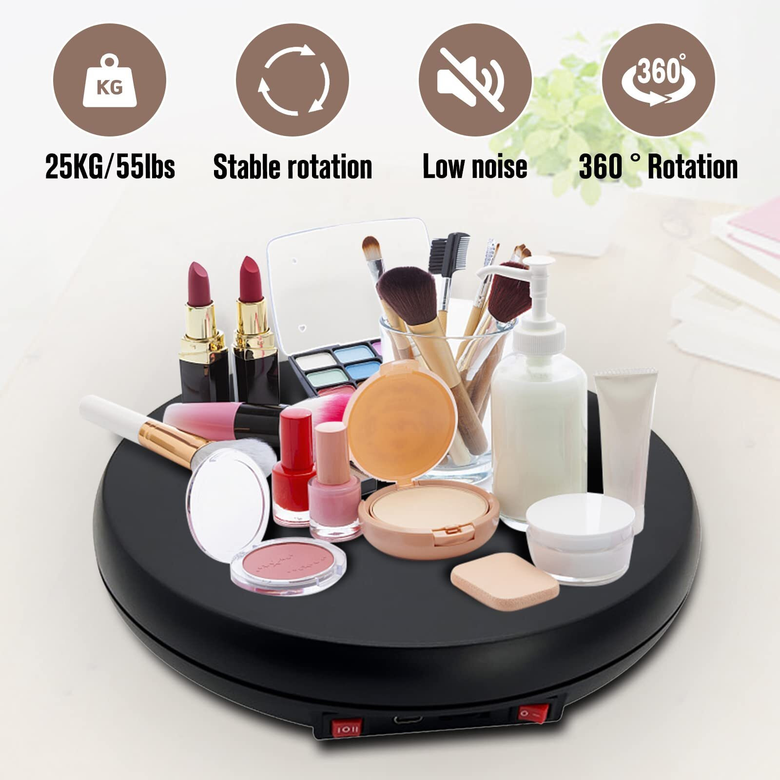 Jayegt Motorized Rotating Display Stand With Led Light   10 Inch /55Lbs Load  360 Degree Electronic Turntable Display Stand For Photography Products Shows  Jewelry  Watch  3D Models  Cake (Black)