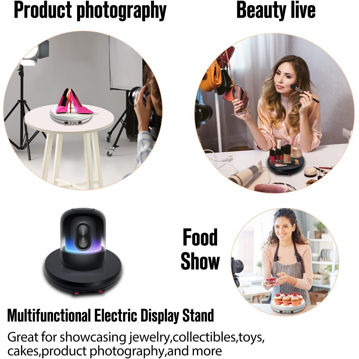 Jayegt Motorized Rotating Display Stand With Led Light   10 Inch /55Lbs Load  360 Degree Electronic Turntable Display Stand For Photography Products Shows  Jewelry  Watch  3D Models  Cake (Black)