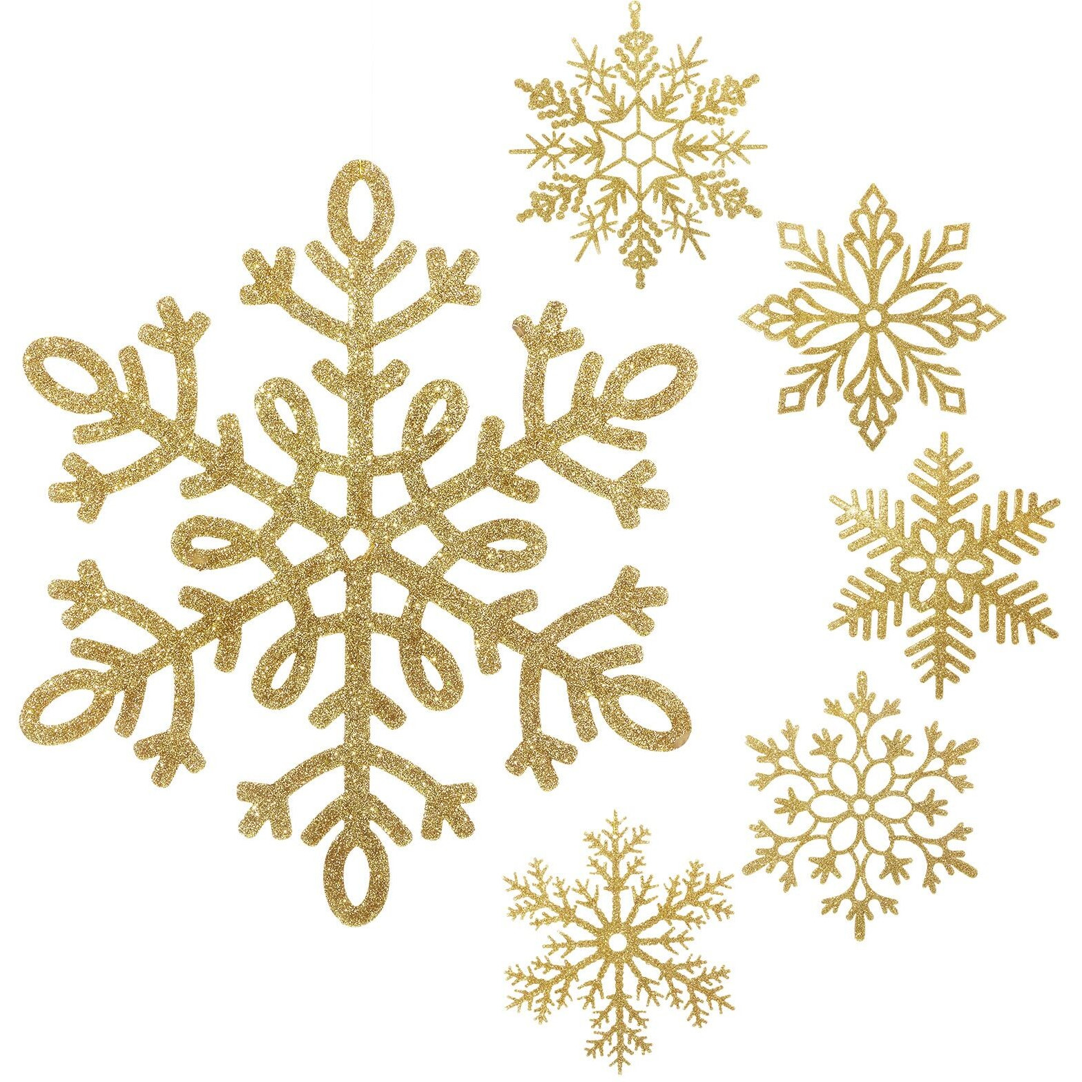 Large Snowflakes Ornaments 12"" Glitter Plastic Snowflake Decorations Giant Winter Christmas Hanging Decor Oversized Snow Flakes Ornaments For Indoor Outdoor Decor (Gold 12 Pack)
