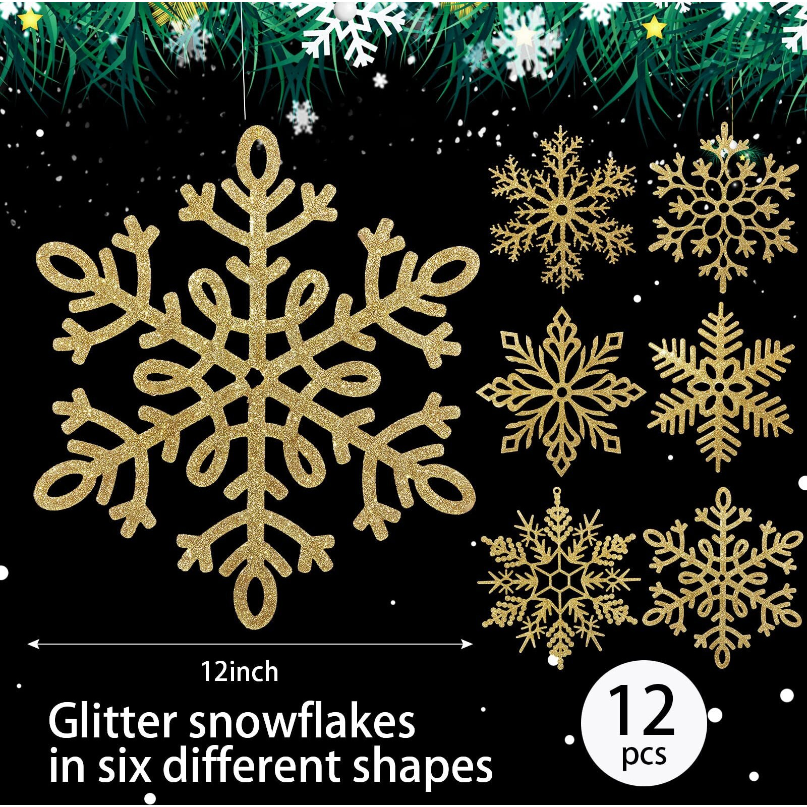 Large Snowflakes Ornaments 12"" Glitter Plastic Snowflake Decorations Giant Winter Christmas Hanging Decor Oversized Snow Flakes Ornaments For Indoor Outdoor Decor (Gold 12 Pack)