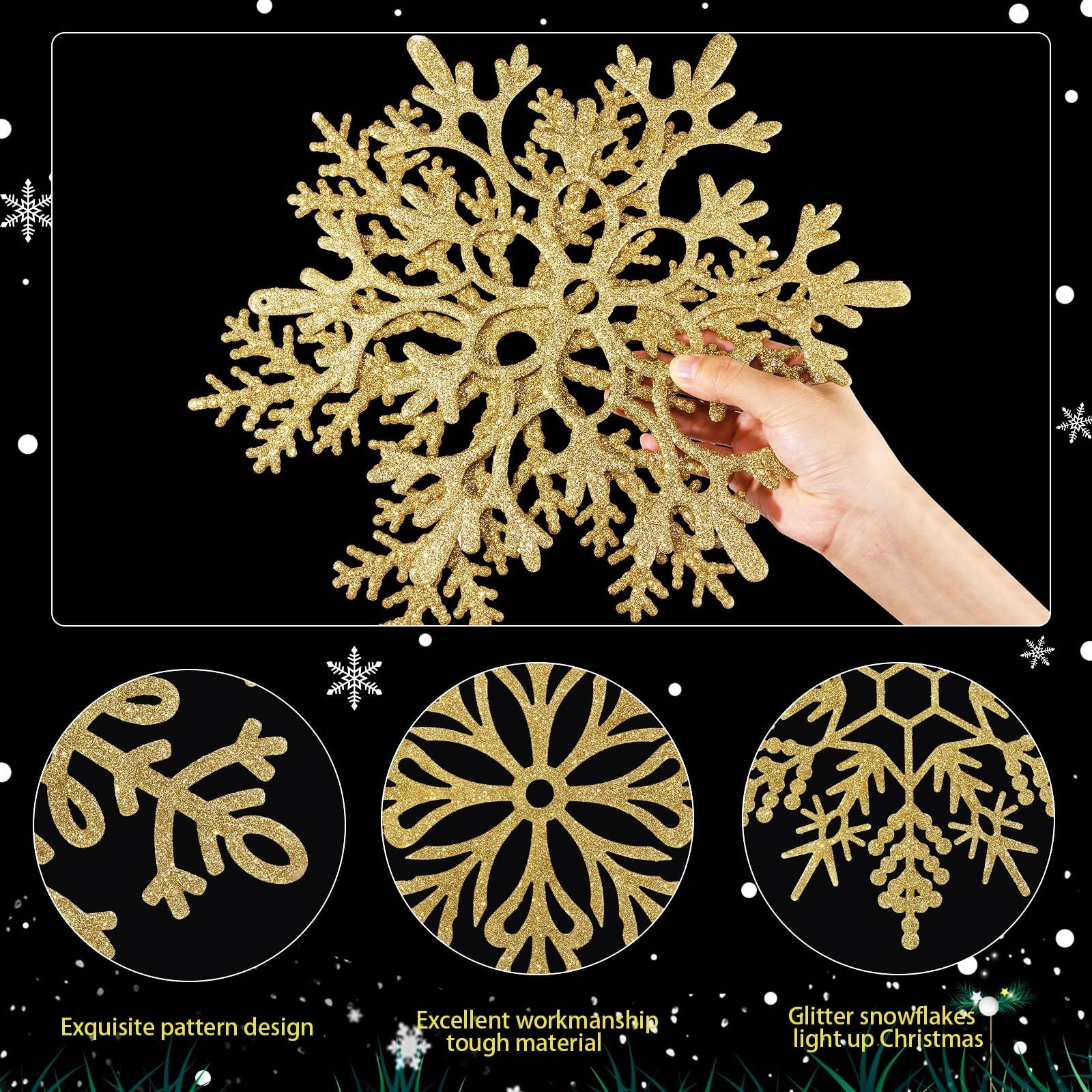 Large Snowflakes Ornaments 12"" Glitter Plastic Snowflake Decorations Giant Winter Christmas Hanging Decor Oversized Snow Flakes Ornaments For Indoor Outdoor Decor (Gold 12 Pack)