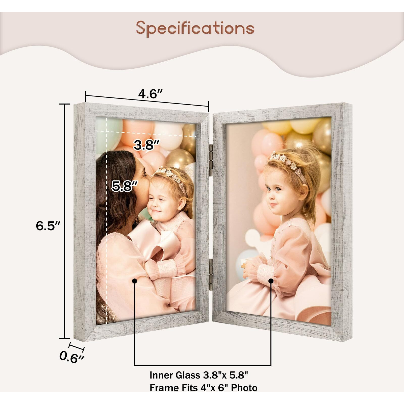 4X6 Double Hinged Frames  2 Folding Picture Frame  Stand Vertically On Desktop Or Tabletop  Whitewashed Oak