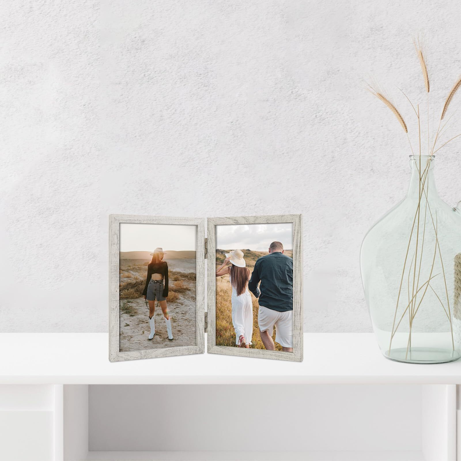 4X6 Double Hinged Frames  2 Folding Picture Frame  Stand Vertically On Desktop Or Tabletop  Whitewashed Oak