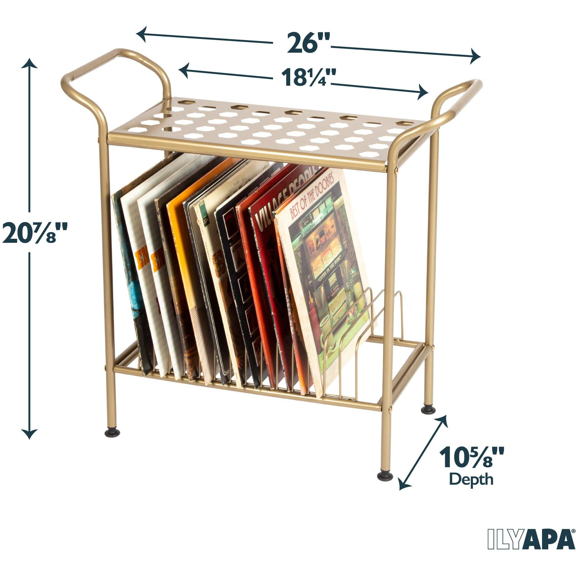 Ilyapa 2-Tier Record Player Stand - Gold Metal Vinyl Records Stand With Shelves - Vinyl Player Table With 14 Slots