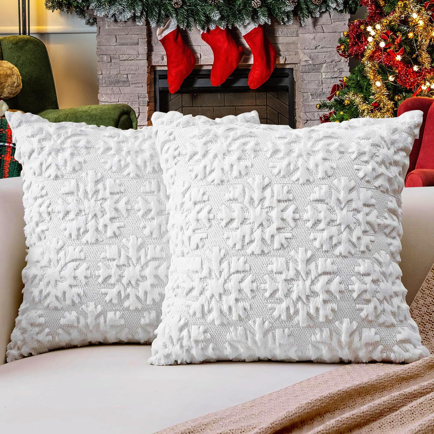 Christmas Pillow Covers 20'' X 20'' Set Of 2  Soft Faux Rabbit Fur 3D Embroidery Snowflakes Throw Pillow Covers For Holiday Christmas Decor Sofa  Couch  Party  Invisible Zipper  Skin-Friendly