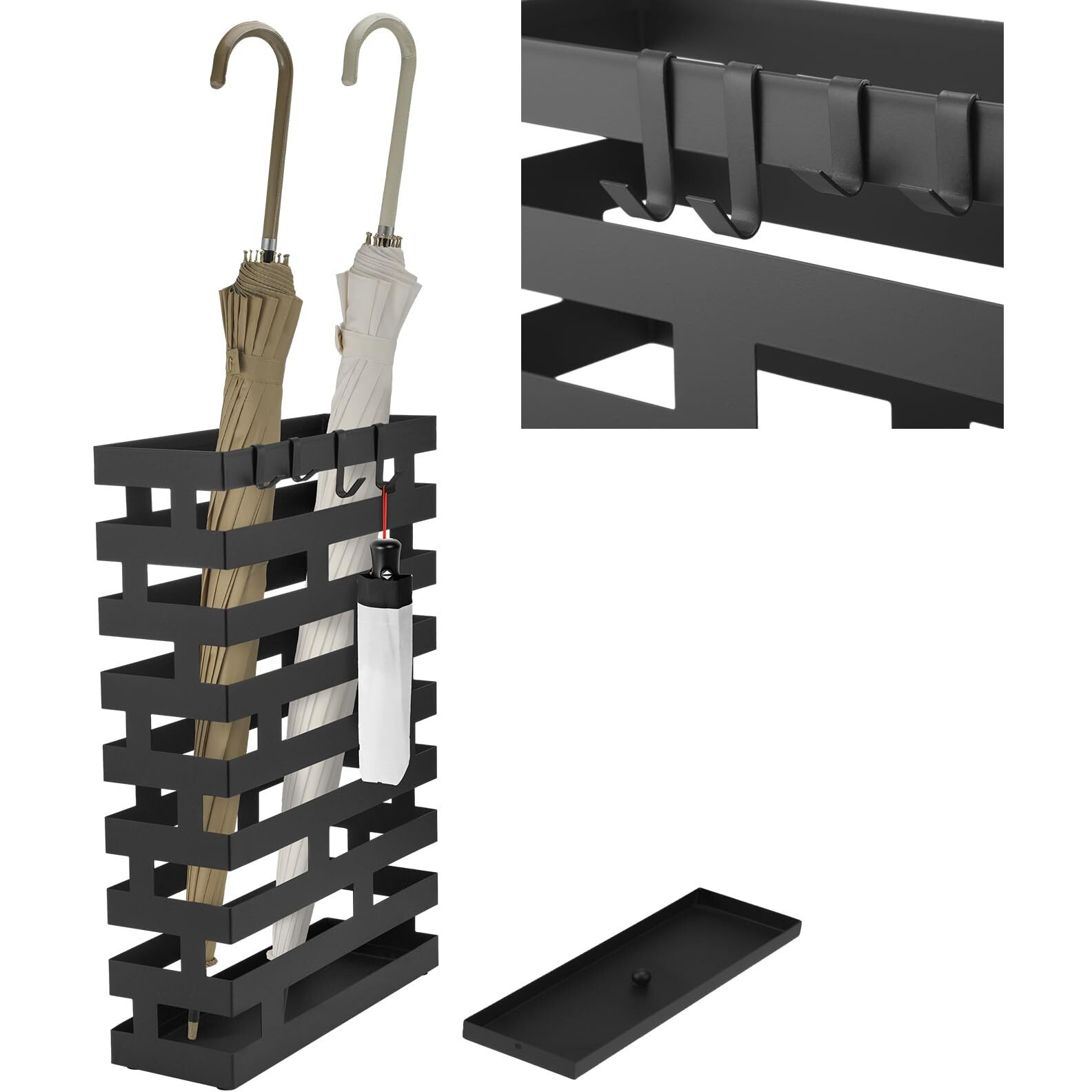 Umbrella Stands For Entryway Large Metal Umbrella Holder With Removable Water Tray And Hooks Decor Freestanding Rectangular Umbrella Hollow Rack For Home Office (Black  3.94 X 11.81 X 16.93 Inch)