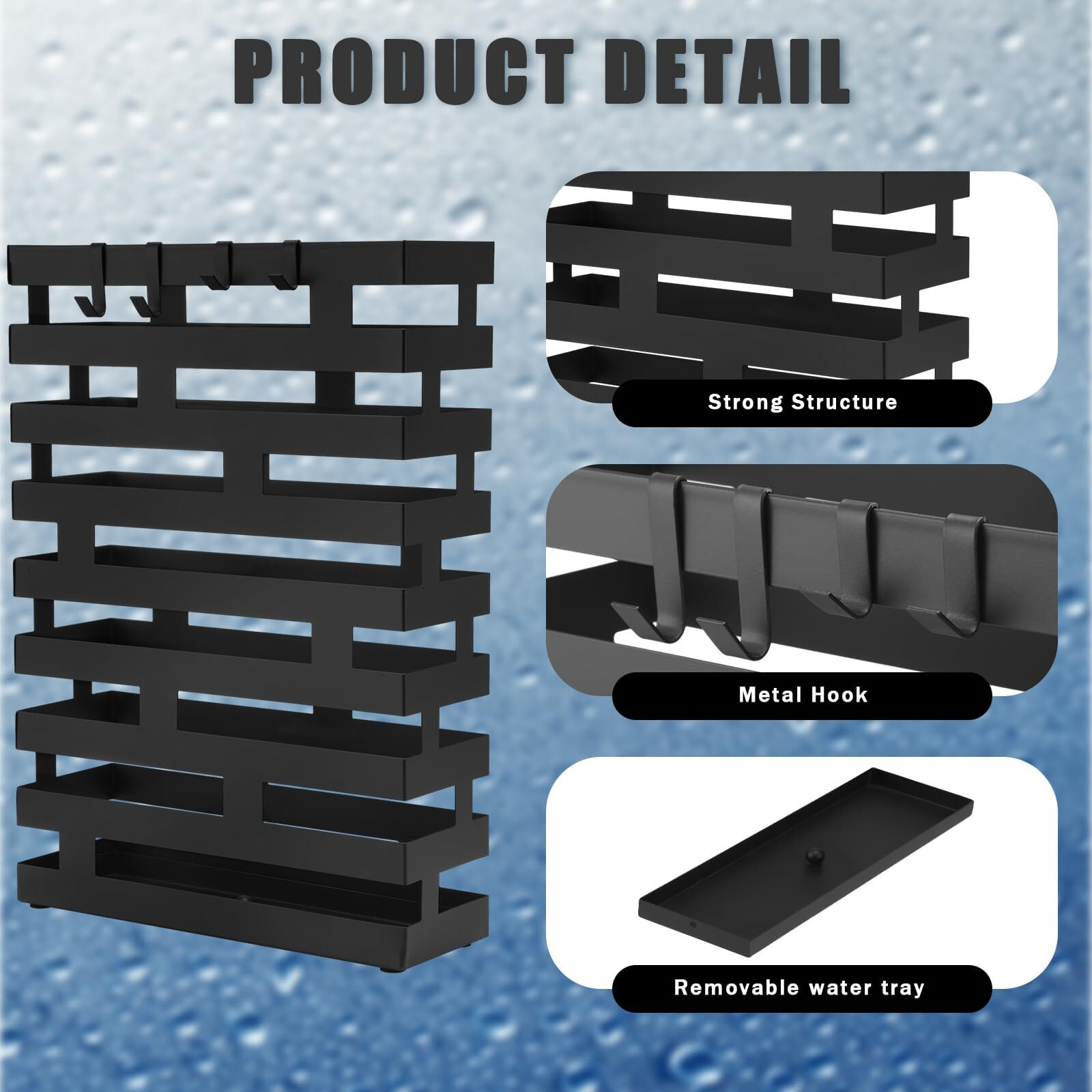 Umbrella Stands For Entryway Large Metal Umbrella Holder With Removable Water Tray And Hooks Decor Freestanding Rectangular Umbrella Hollow Rack For Home Office (Black  3.94 X 11.81 X 16.93 Inch)