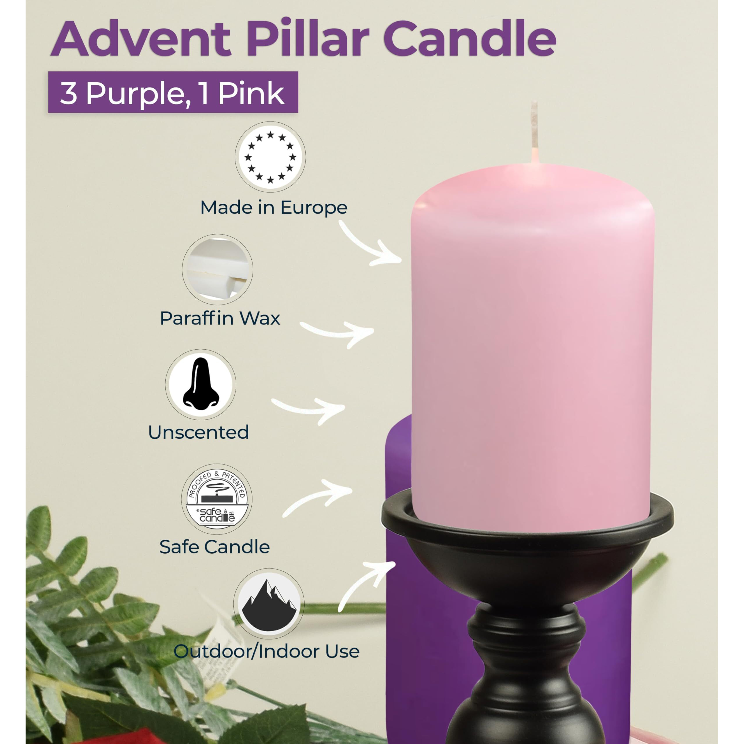 Hyoola Advent Candles Set Of 4 - Advent Pillar Candles 2X3 Inch - Made In Europe Unscented Christmas Candles - Holiday Candles - Advent Wreath Candles