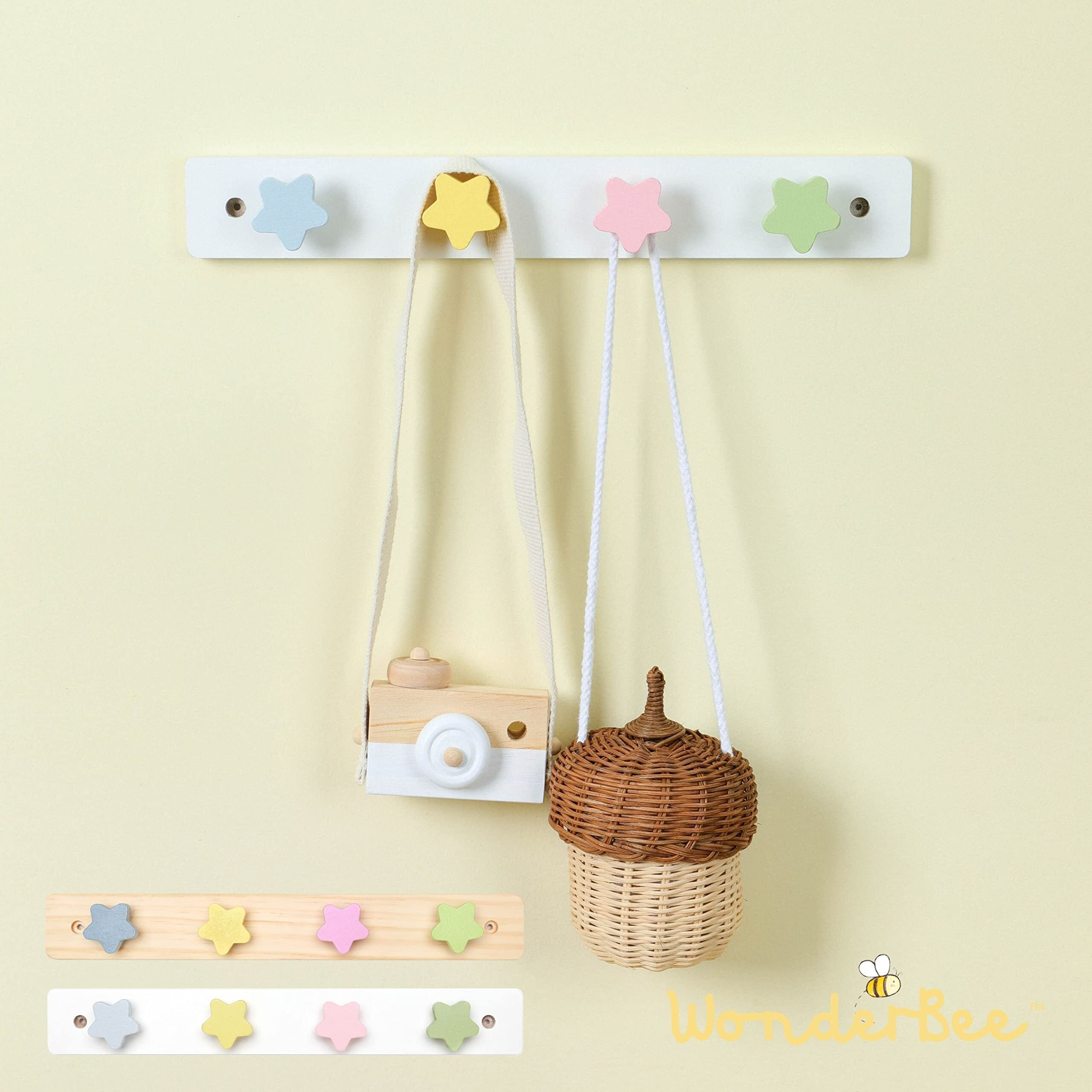 Wonderbee Kids Coat Rack Wall Mount | Kids Wall Hooks For Backpacks  Towels And Coats | Mounted 14"" Wall Hanger | Decorative For Kid's Bedroom  Playroom  Bathroom | Classic White