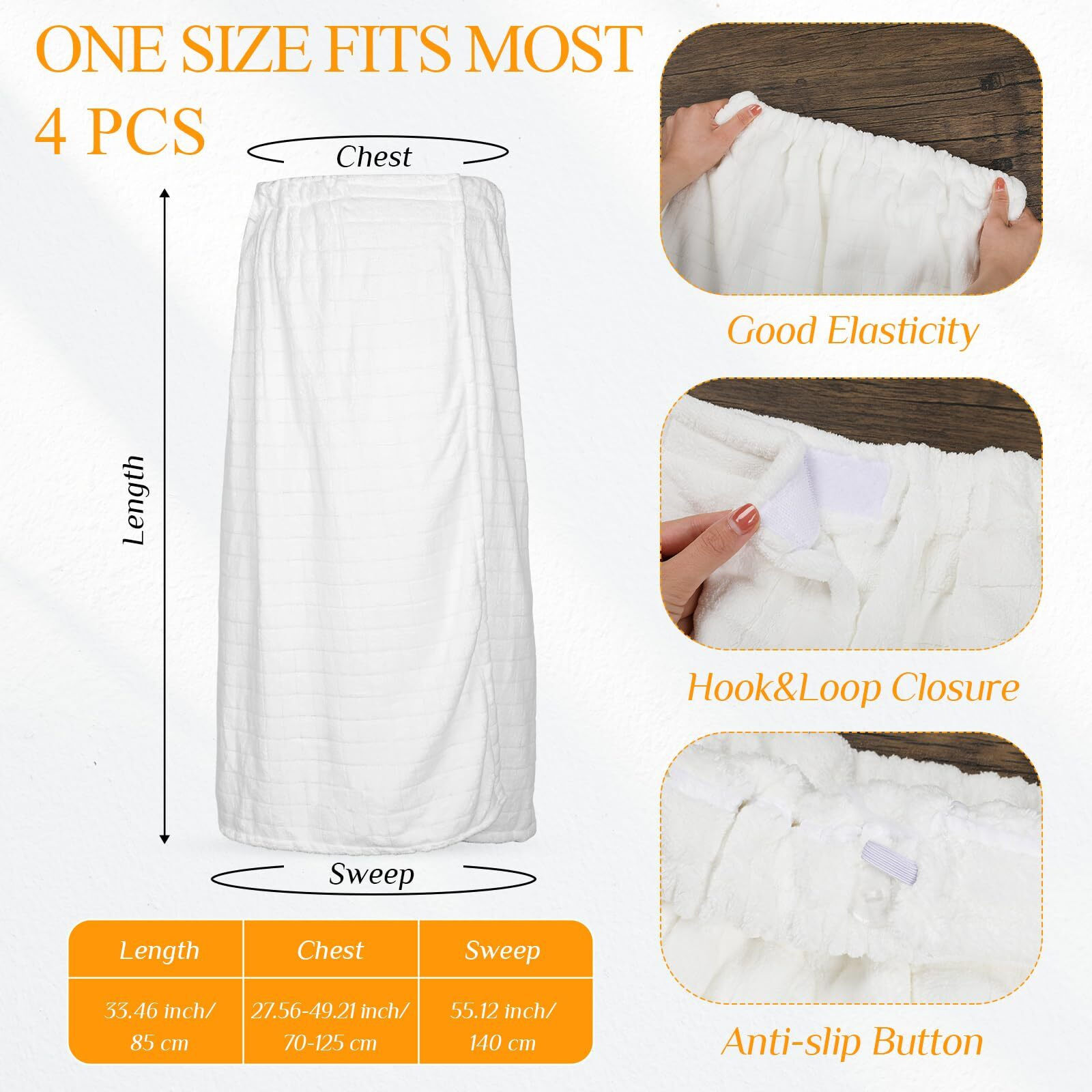4 Pcs Spa Wrap Towel Wrap For Women Spa Robe With Adjustable Closure Elastic Top Lightweight Wraps For Bath Shower (White Square)