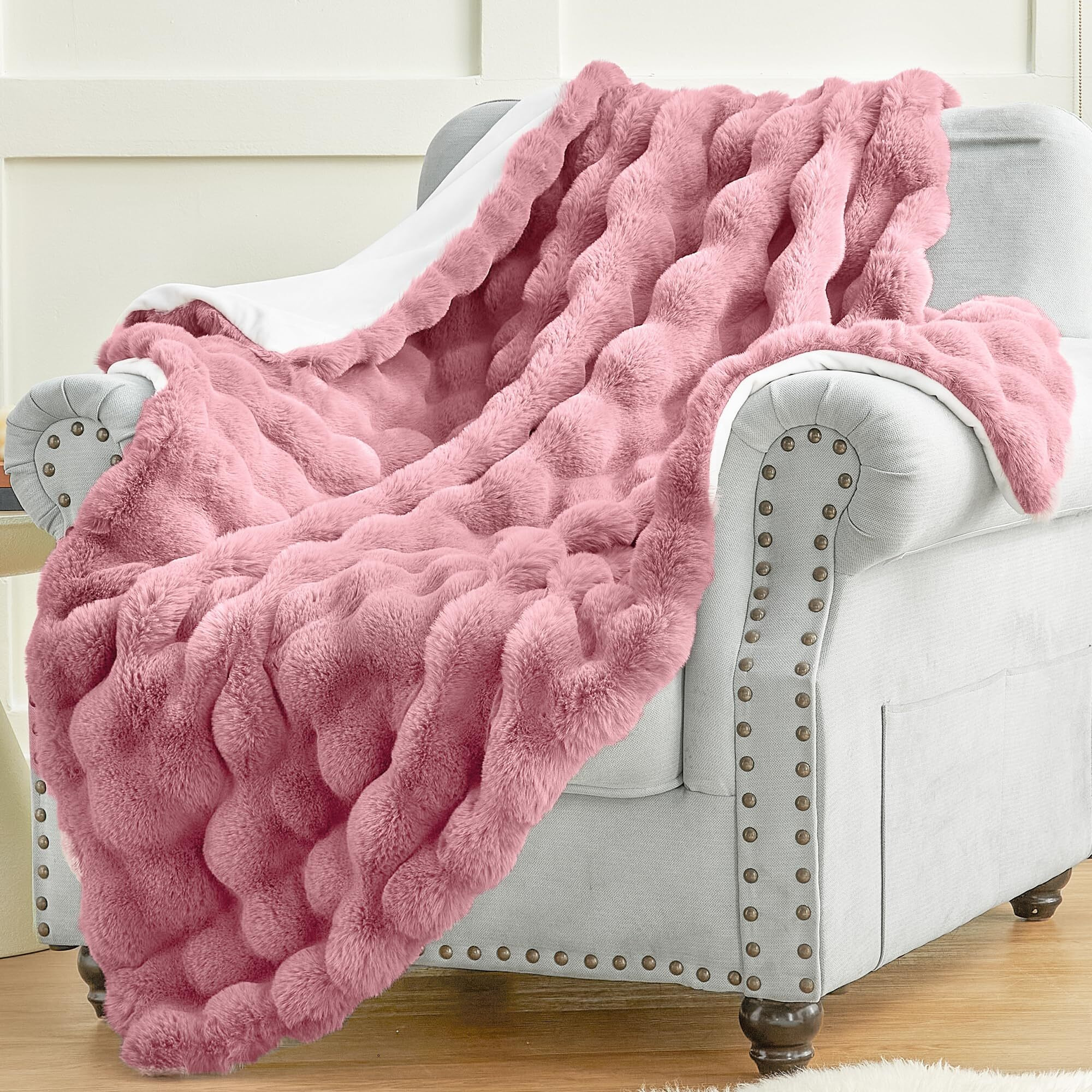 Plush & Plaid Faux Fur Throw Blanket For Couch Sofa  Fuzzy Soft Thick Bubble Blanket For Bedroom Living Room  50 By 60 Inches  Dusty Pink