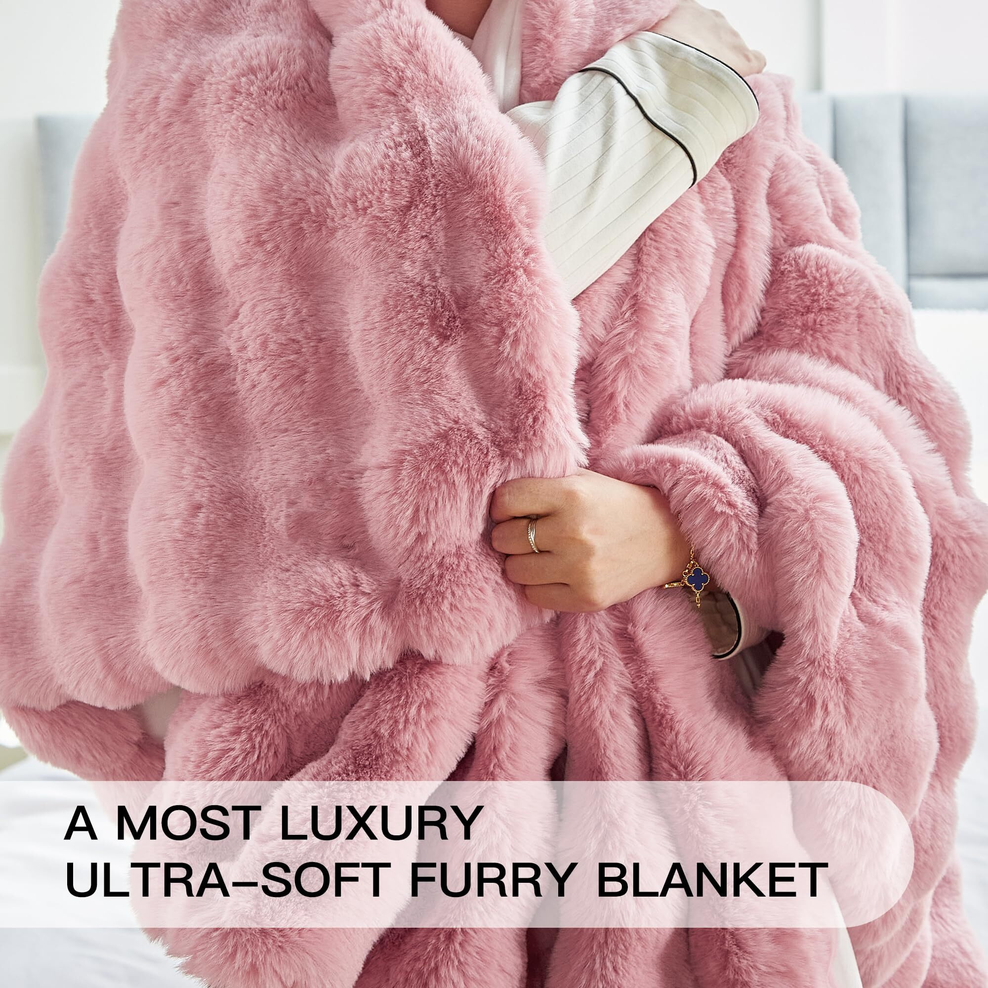Plush & Plaid Faux Fur Throw Blanket For Couch Sofa  Fuzzy Soft Thick Bubble Blanket For Bedroom Living Room  50 By 60 Inches  Dusty Pink