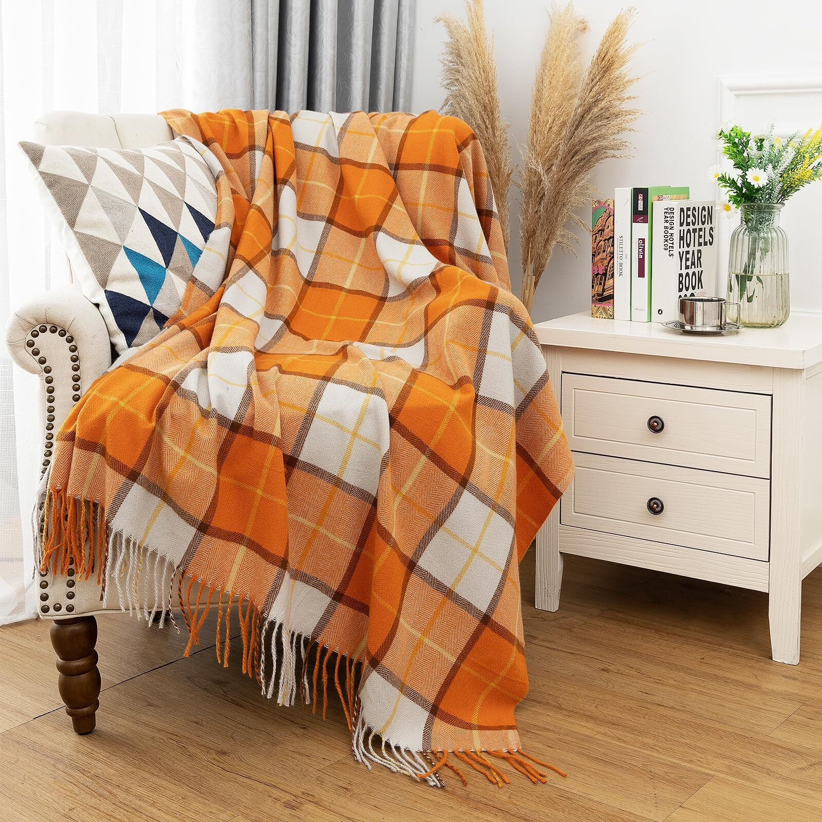 Quinnsus Orange Buffalo Plaid Throw Blanket For Couch  Soft Lightweight Fall Farmhouse Thanksgiving Throw Blankets Checkered Blanket With Tassels For Bed  Home Decor (50"&quotX60"")
