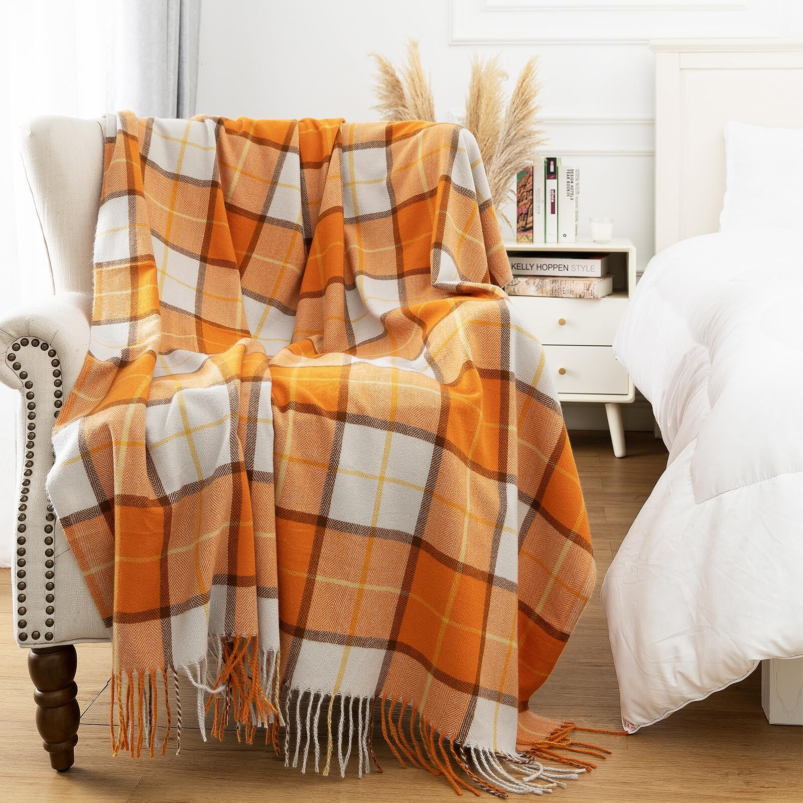 Quinnsus Orange Buffalo Plaid Throw Blanket For Couch  Soft Lightweight Fall Farmhouse Thanksgiving Throw Blankets Checkered Blanket With Tassels For Bed  Home Decor (50"&quotX60"")